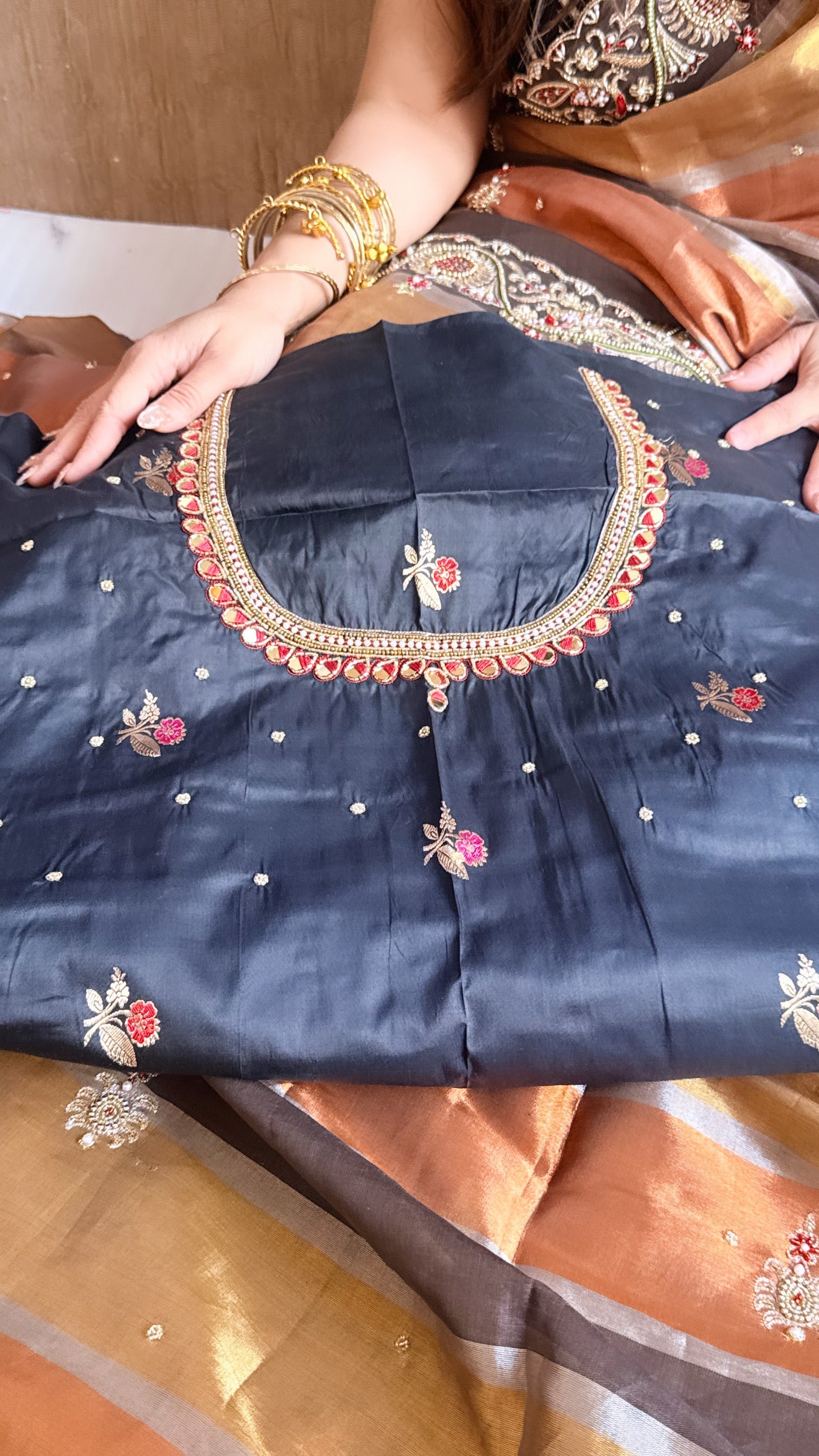 Kanjivaram banarasi tissue silk hand embroidered kadhwa saree with katan silk blouse