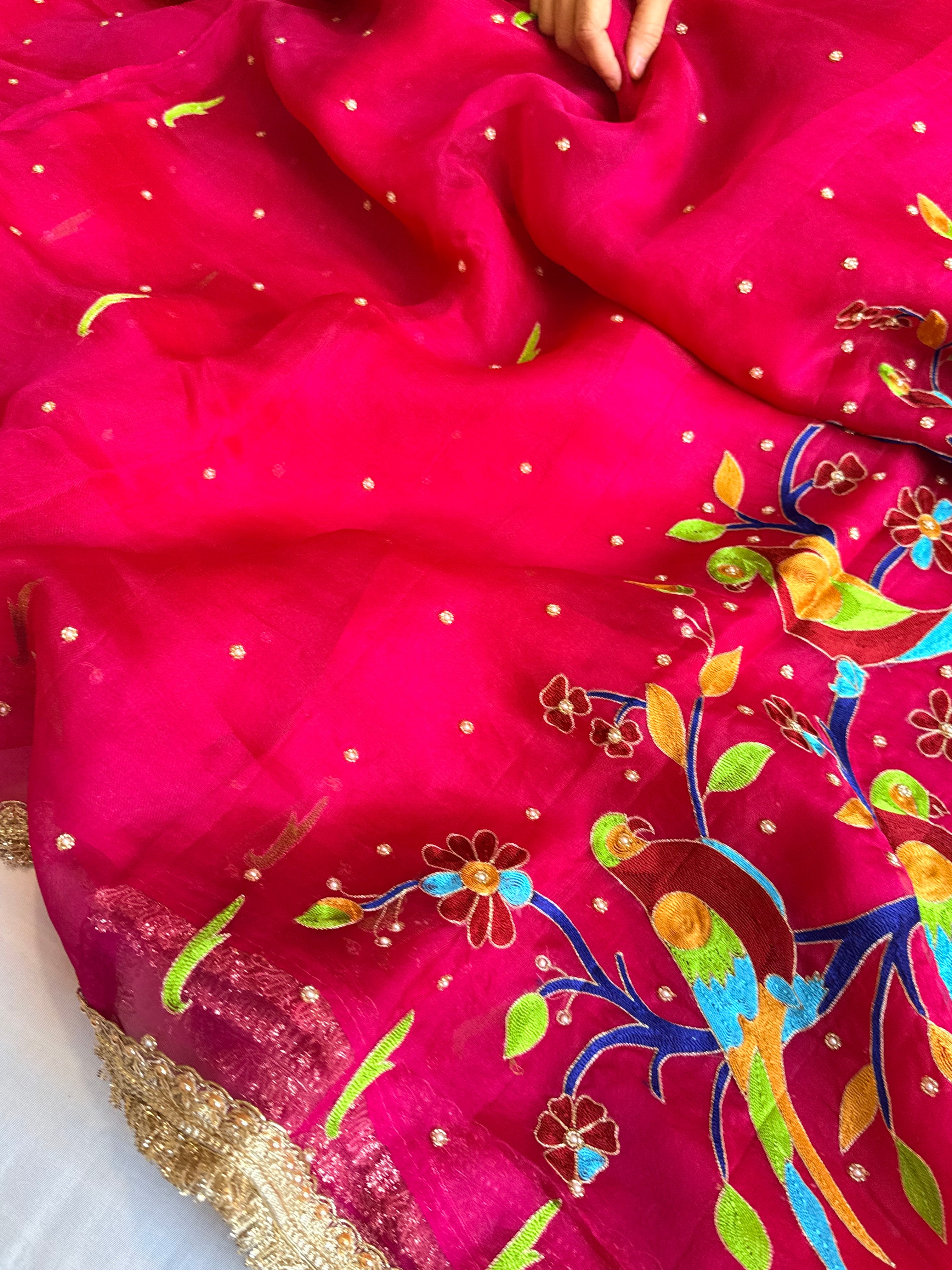 Hot pink kora silk paithani meenakari hand embroidered saree