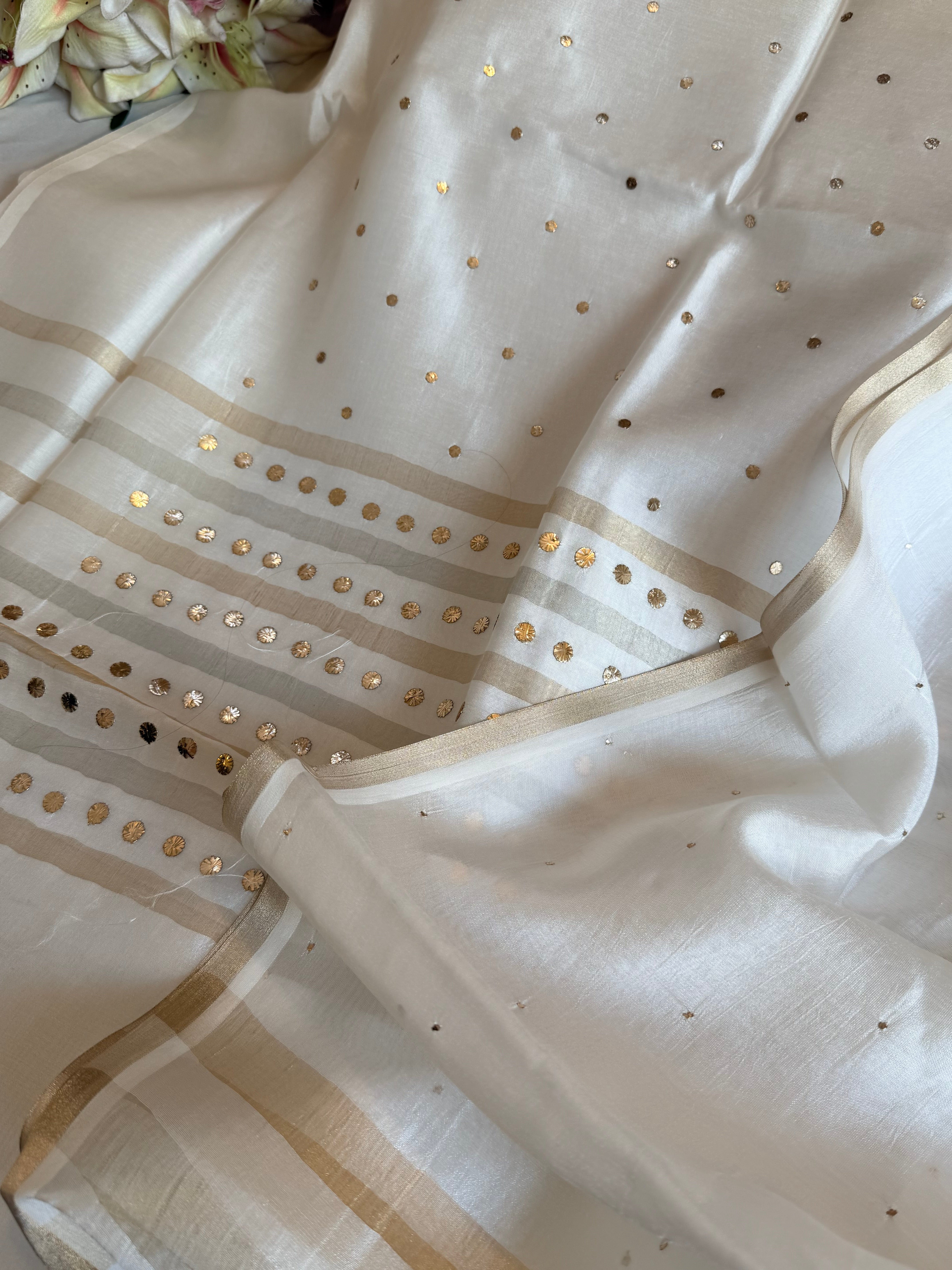 Pearl white spun chiniya silk mukaish hand embroidered suit sets