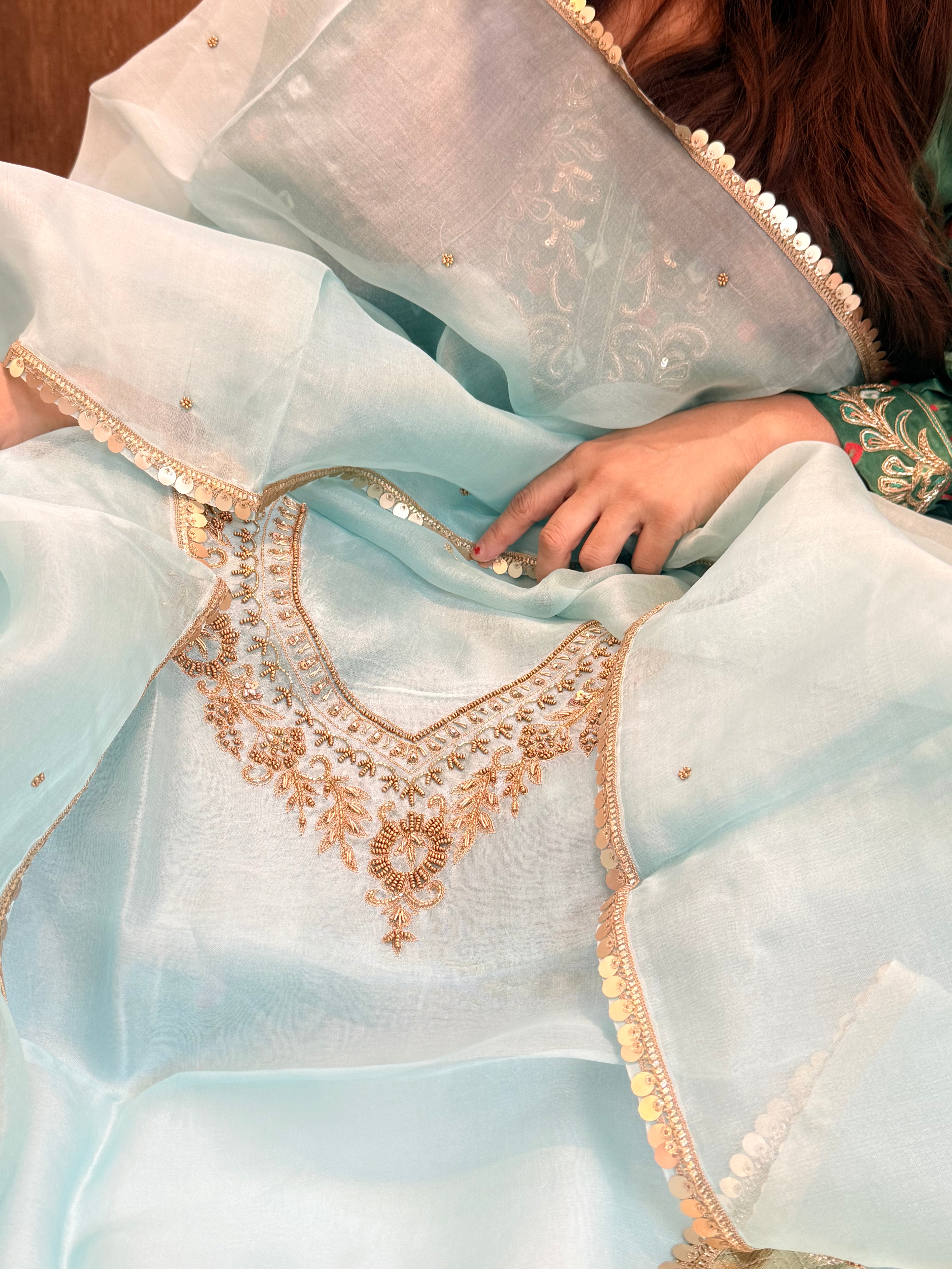 Ice blue kora silk gotapatti hand embroidered suit set