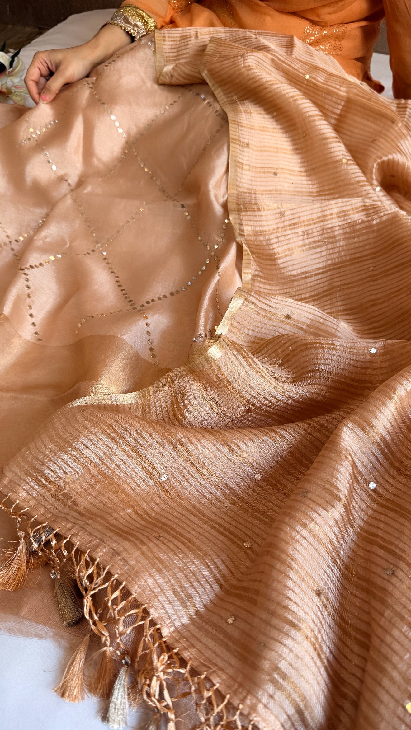 Summer suit edit - Spun chiniya silk mukaish work rose brown hand embroidered suit set