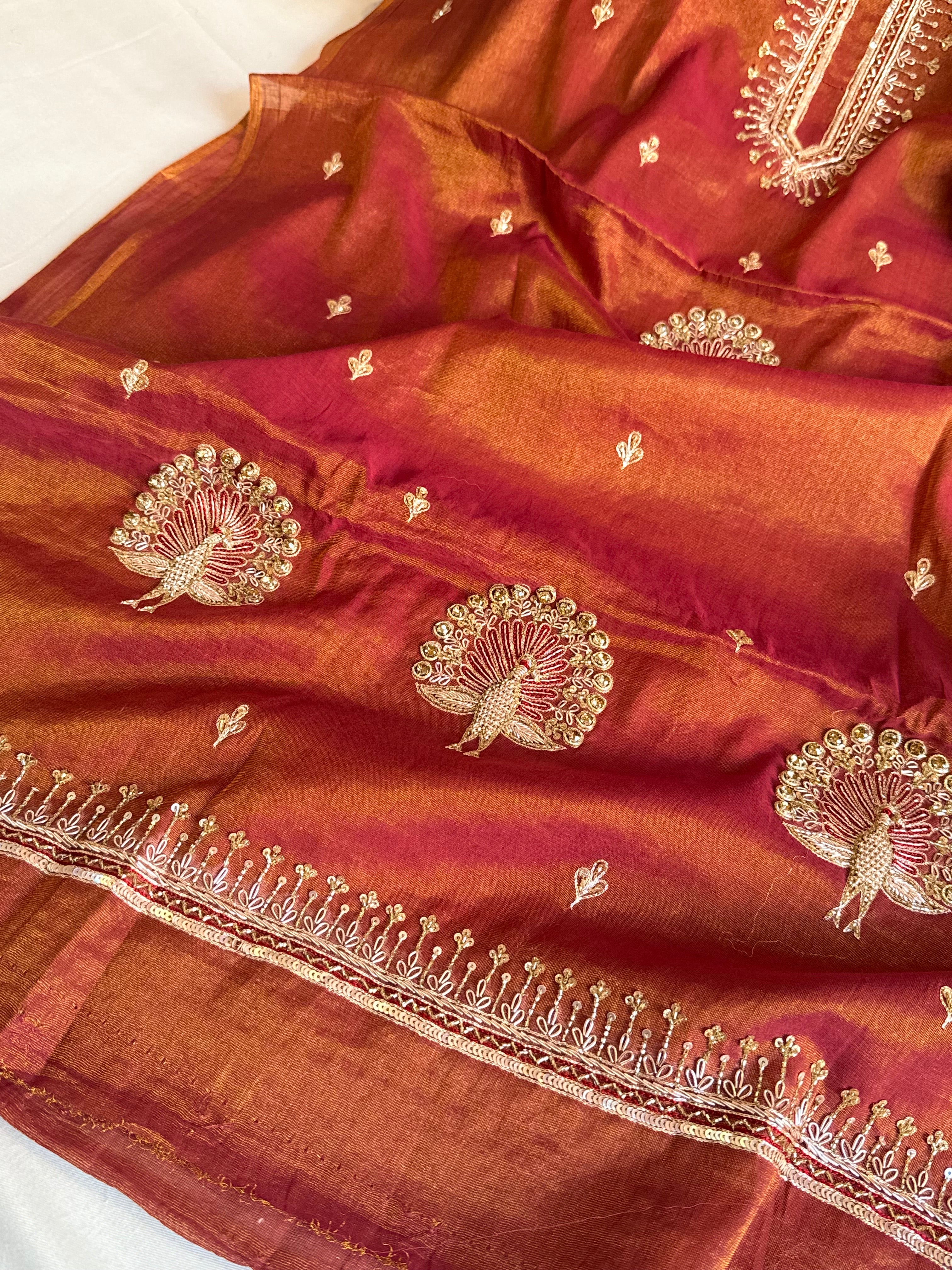 Rani pink mul cotton tissue silk hand embroidered kadhwa suit set
