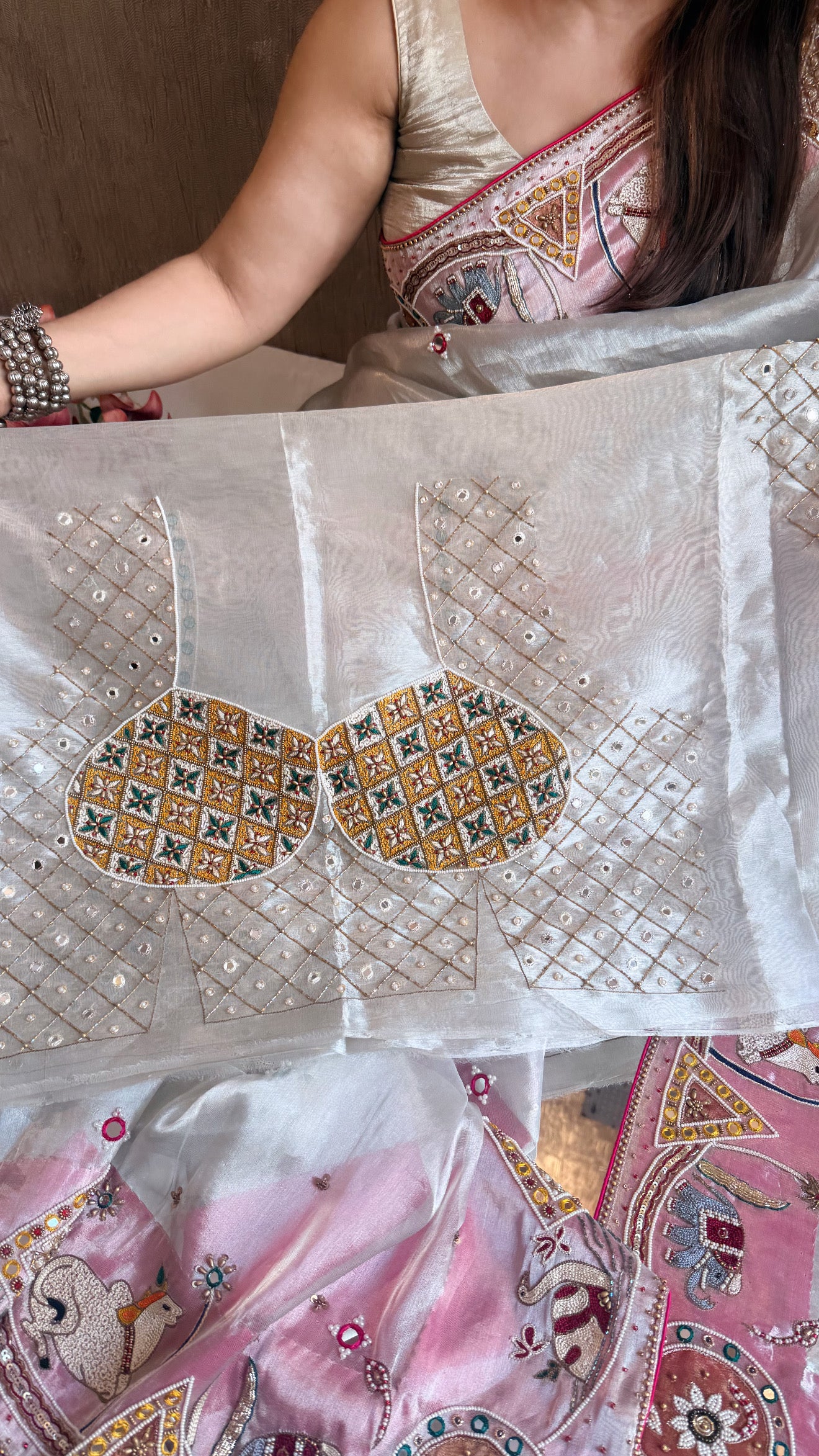 Sufi night saree - Diamond tissue silk kutchi meenakari work hand embroidered saree