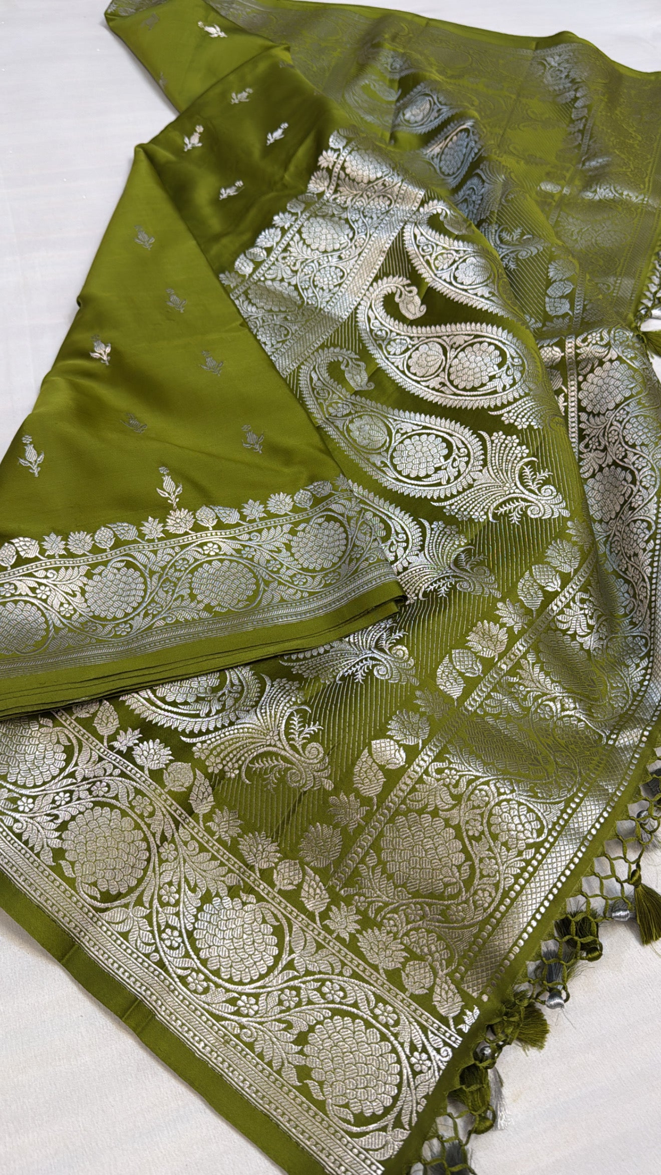 Mashru satin silk mehendi green shade banarasi saree