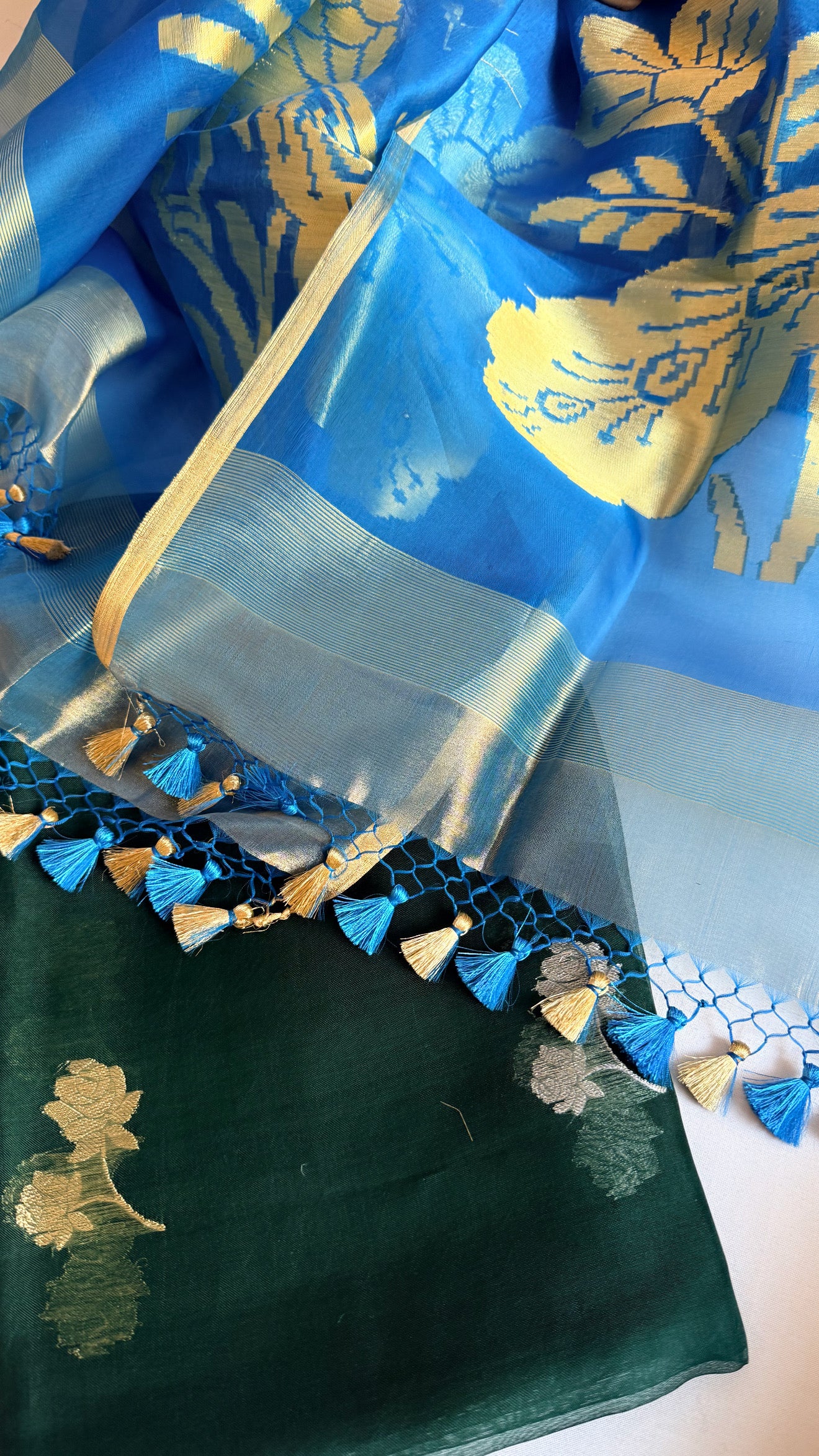 Peacock motif kora silk kadhwa blue-bottle green combination suit set