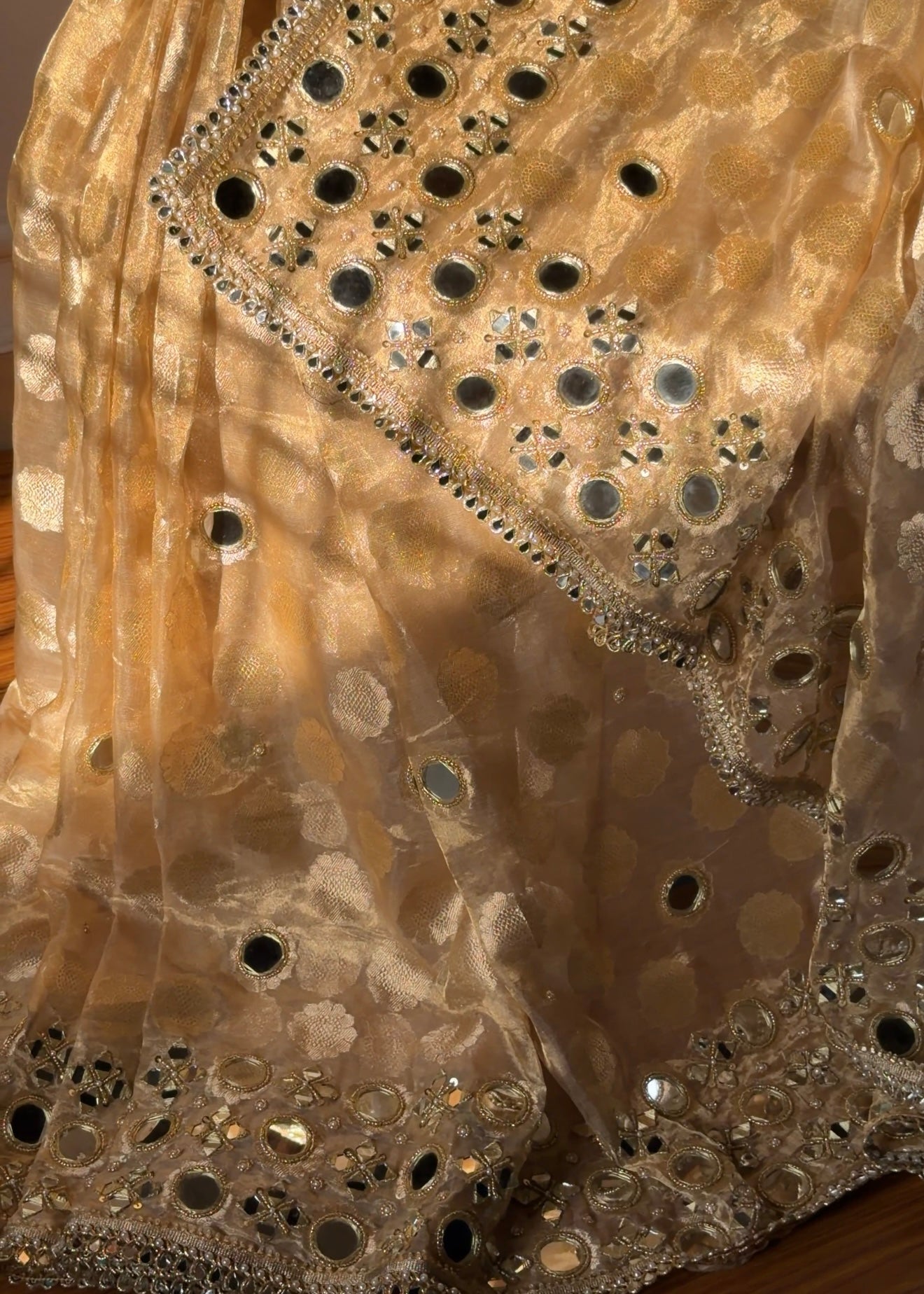 Butter gold kaanch wali mirrorwork hand embroidered tissue silk buti saree