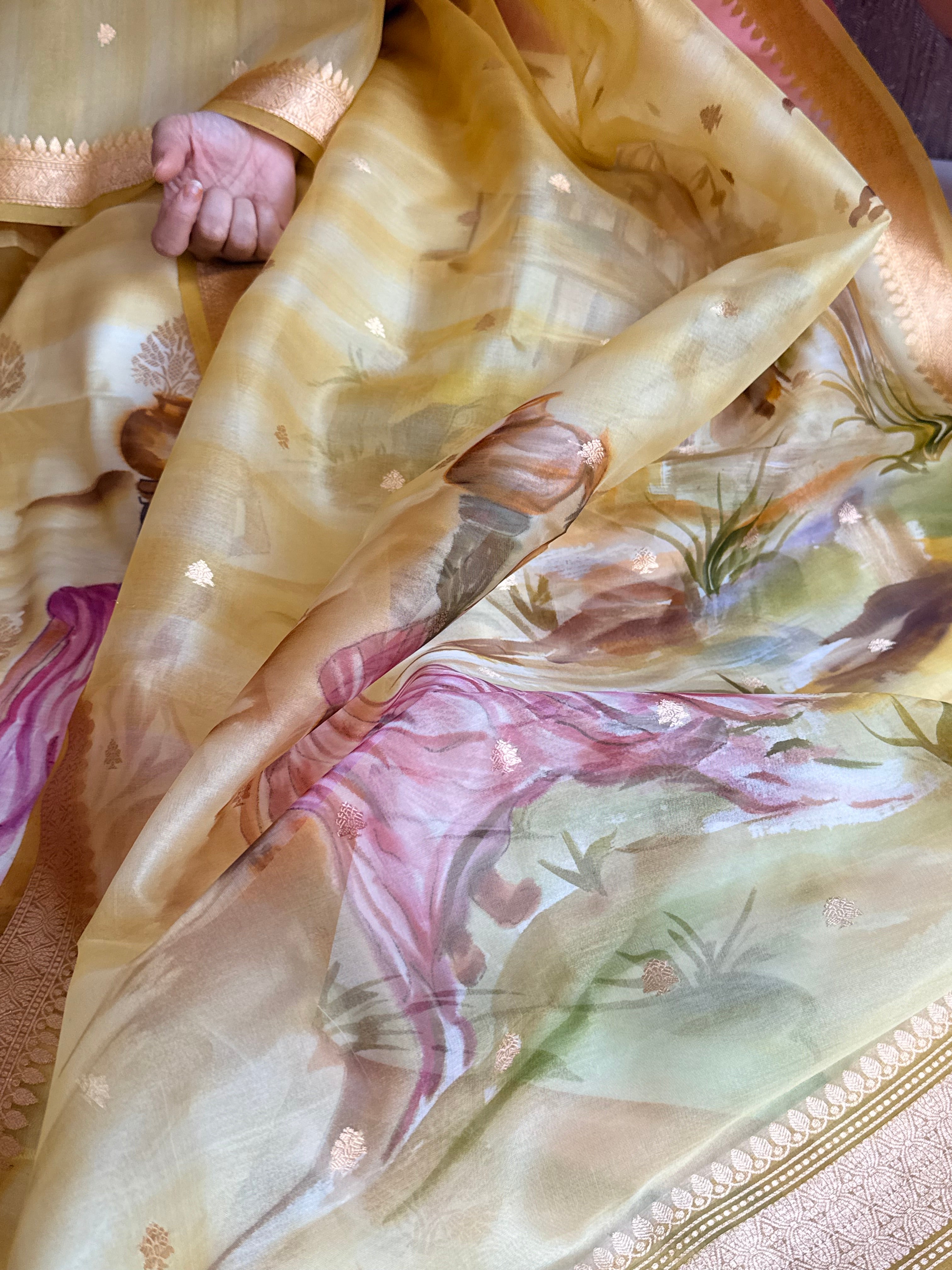 Banarasi kora silk handpainted ghatwork kadhwa buti rainbow dye suits