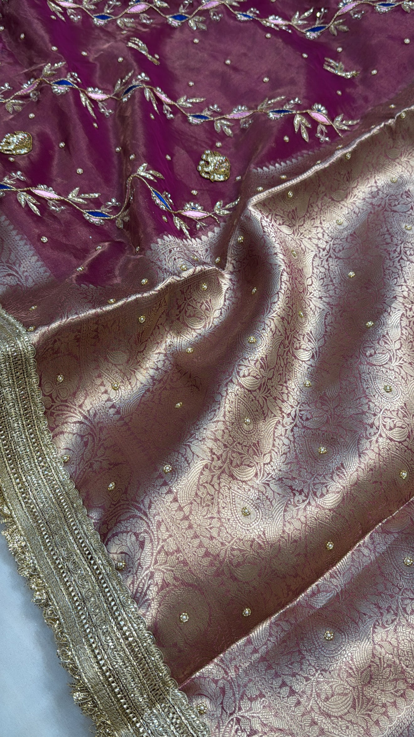 Grapewine purple elephant motif tissue silk hand embroidered kadhwa saree