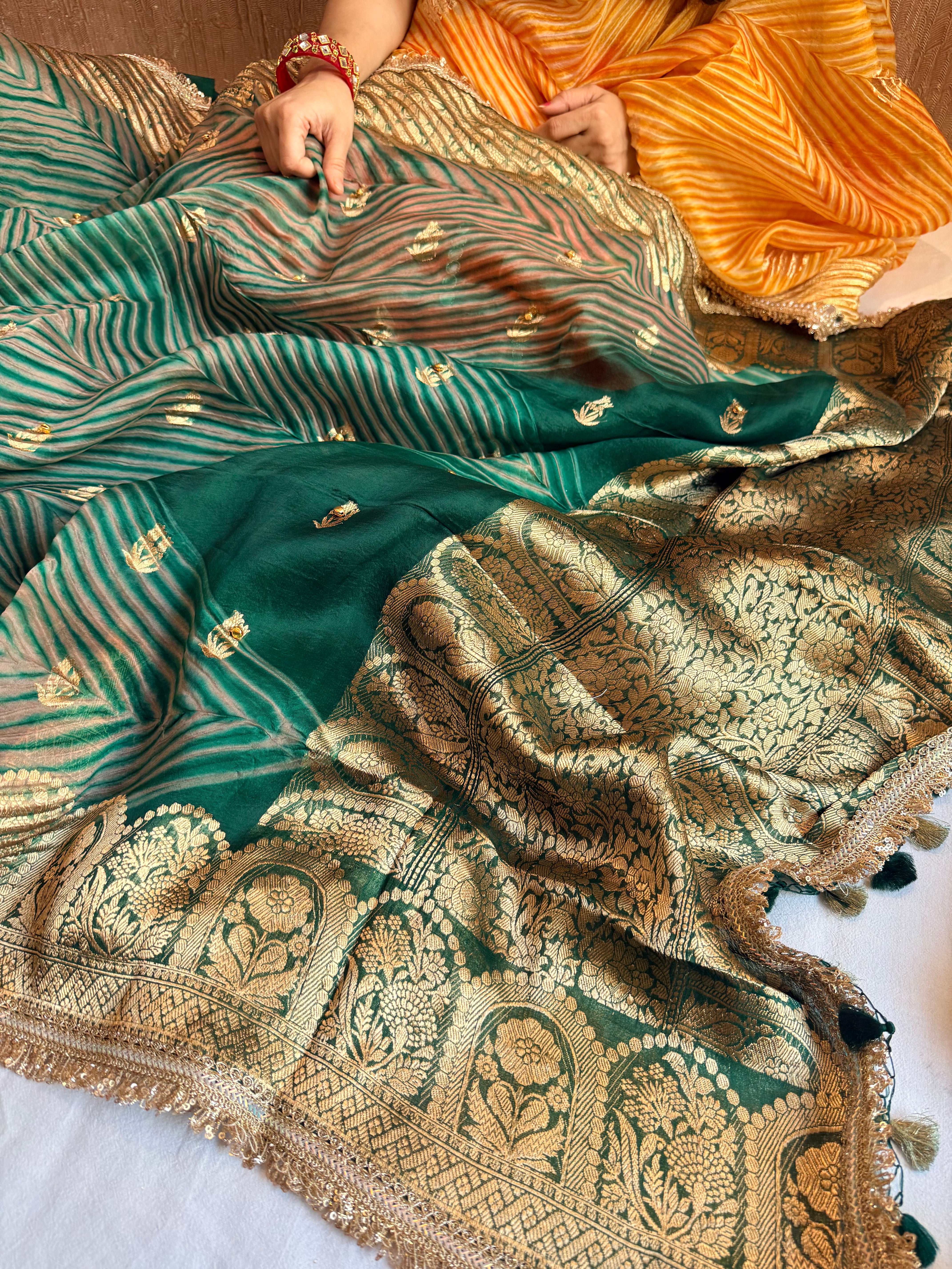 Bottle green banarasi kora silk arshi dyed kadhwa saree