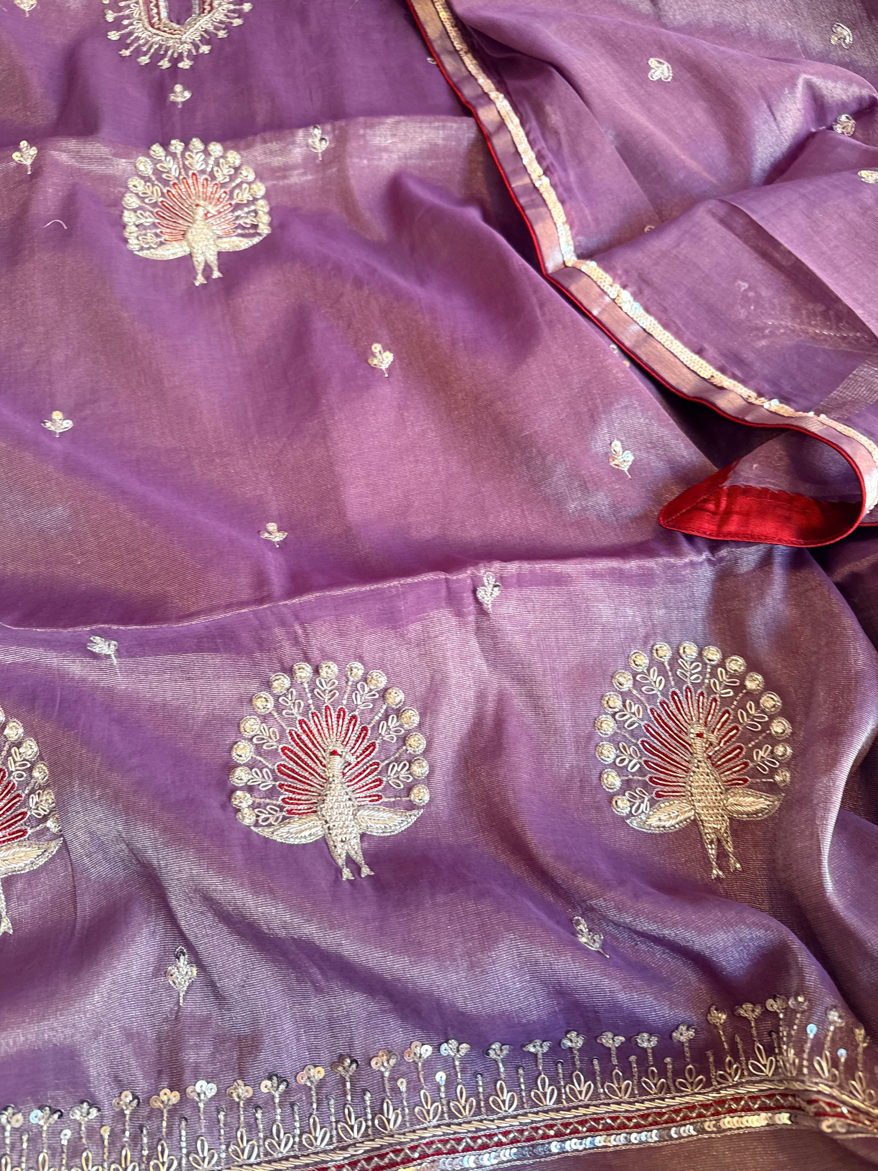 Deep lavender mul cotton tissue silk hand embroidered suit set