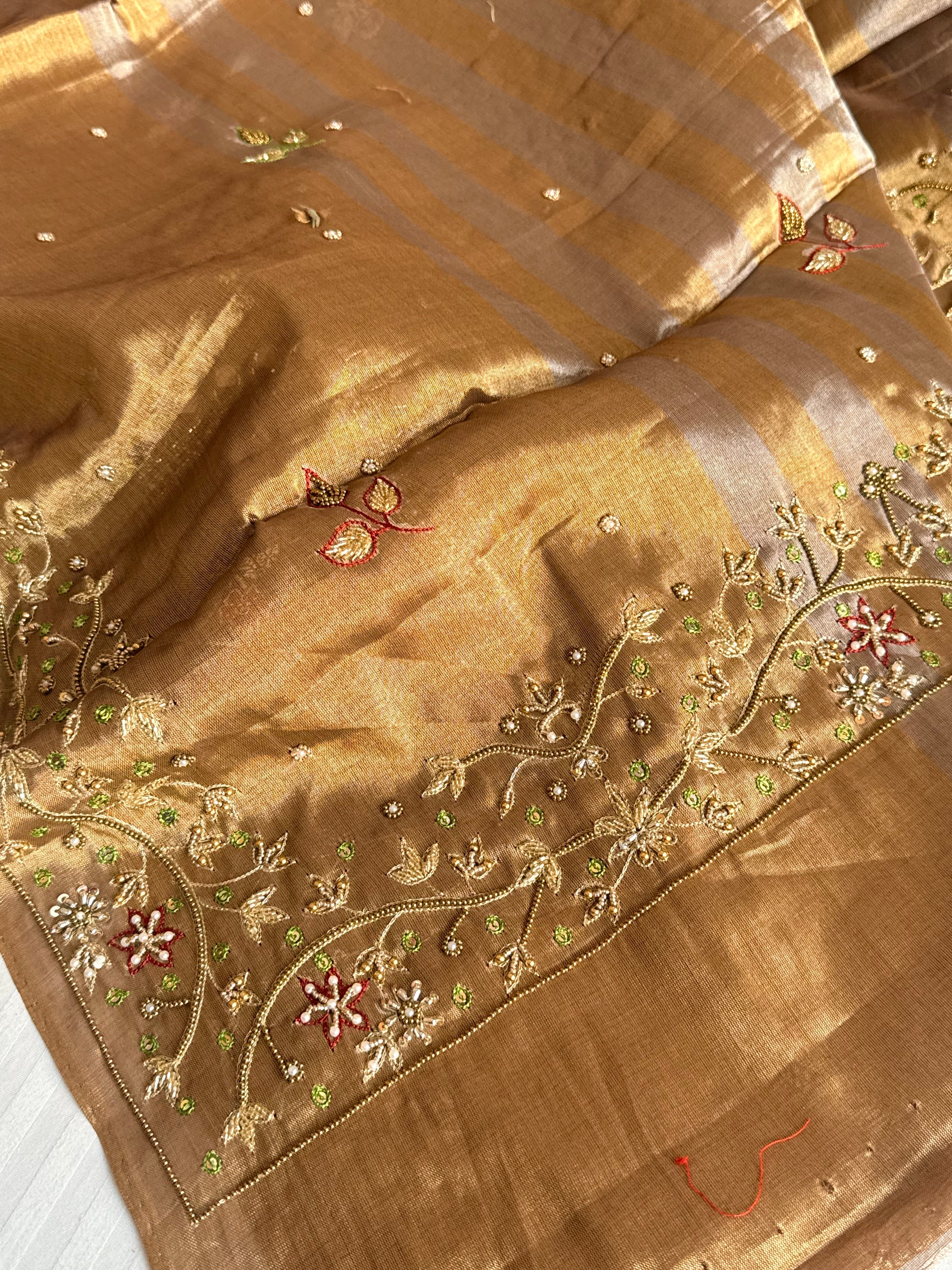 Kanjivaram banarasi tissue silk hand embroidered kadhwa saree with katan silk blouse