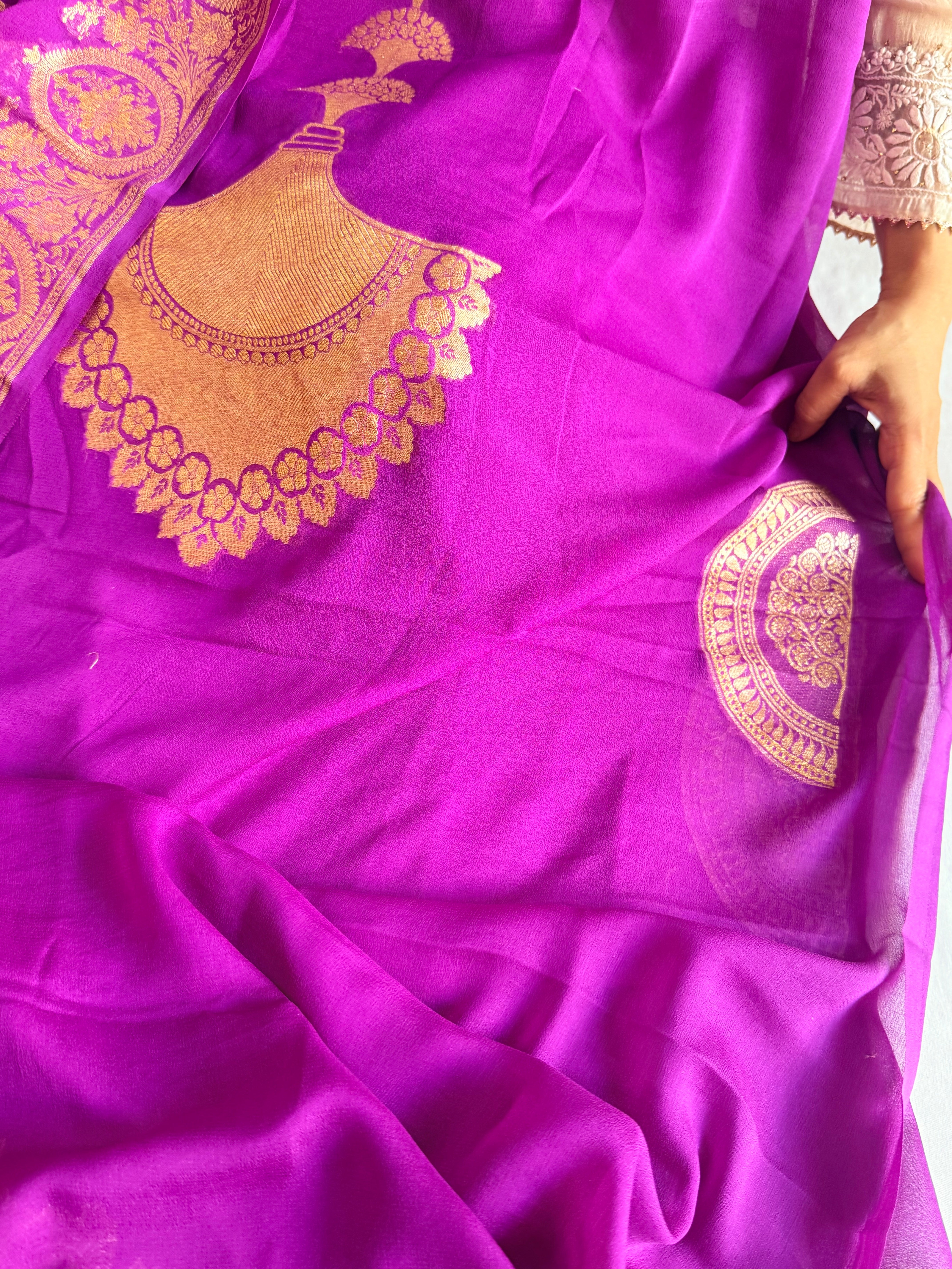 Neck & Pocket weaving - Chiffon gorgette bright purple kadhwa weaving suit set
