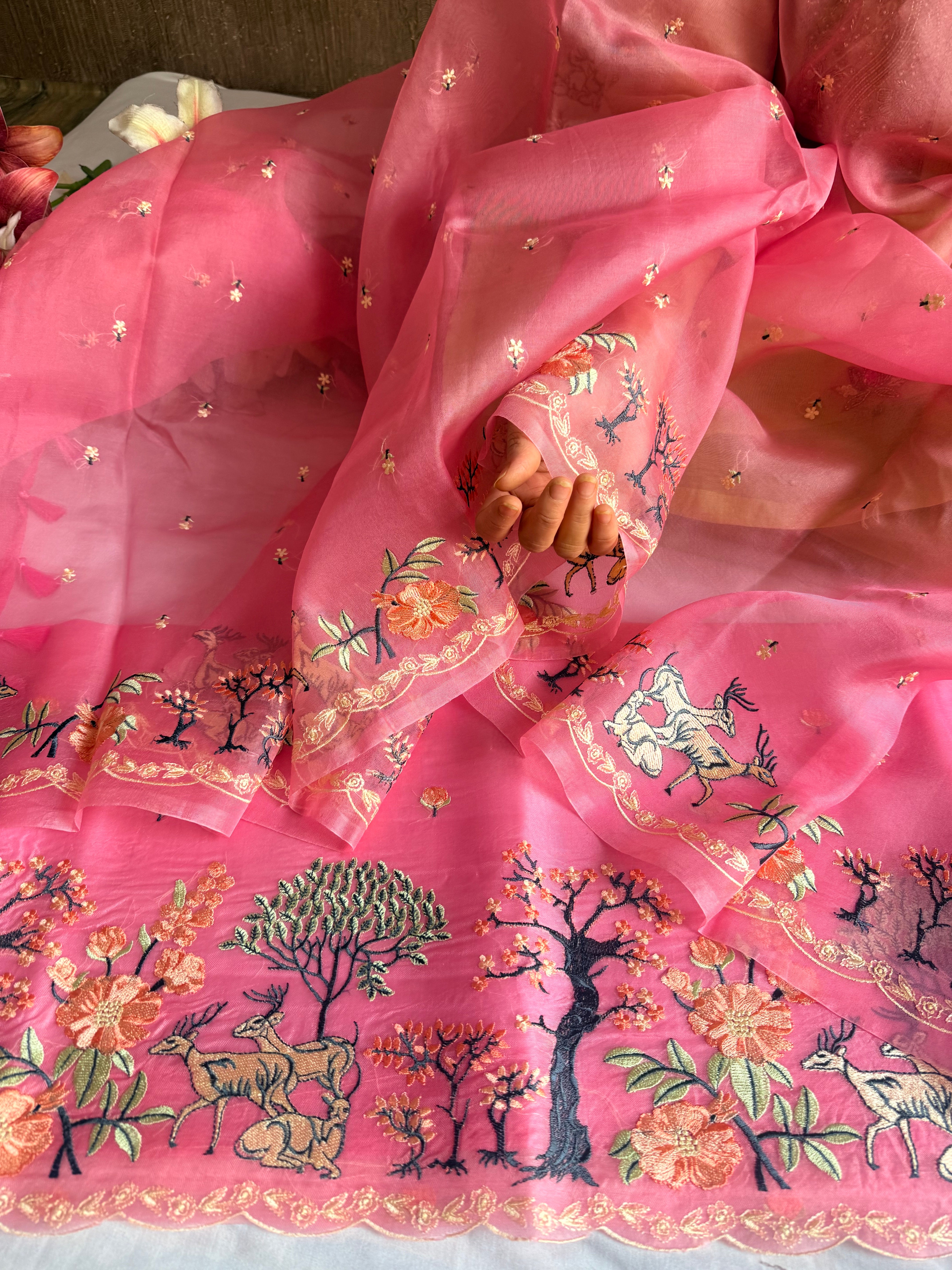 Parsigara kora silk bagh motif hand embroidered suit sets