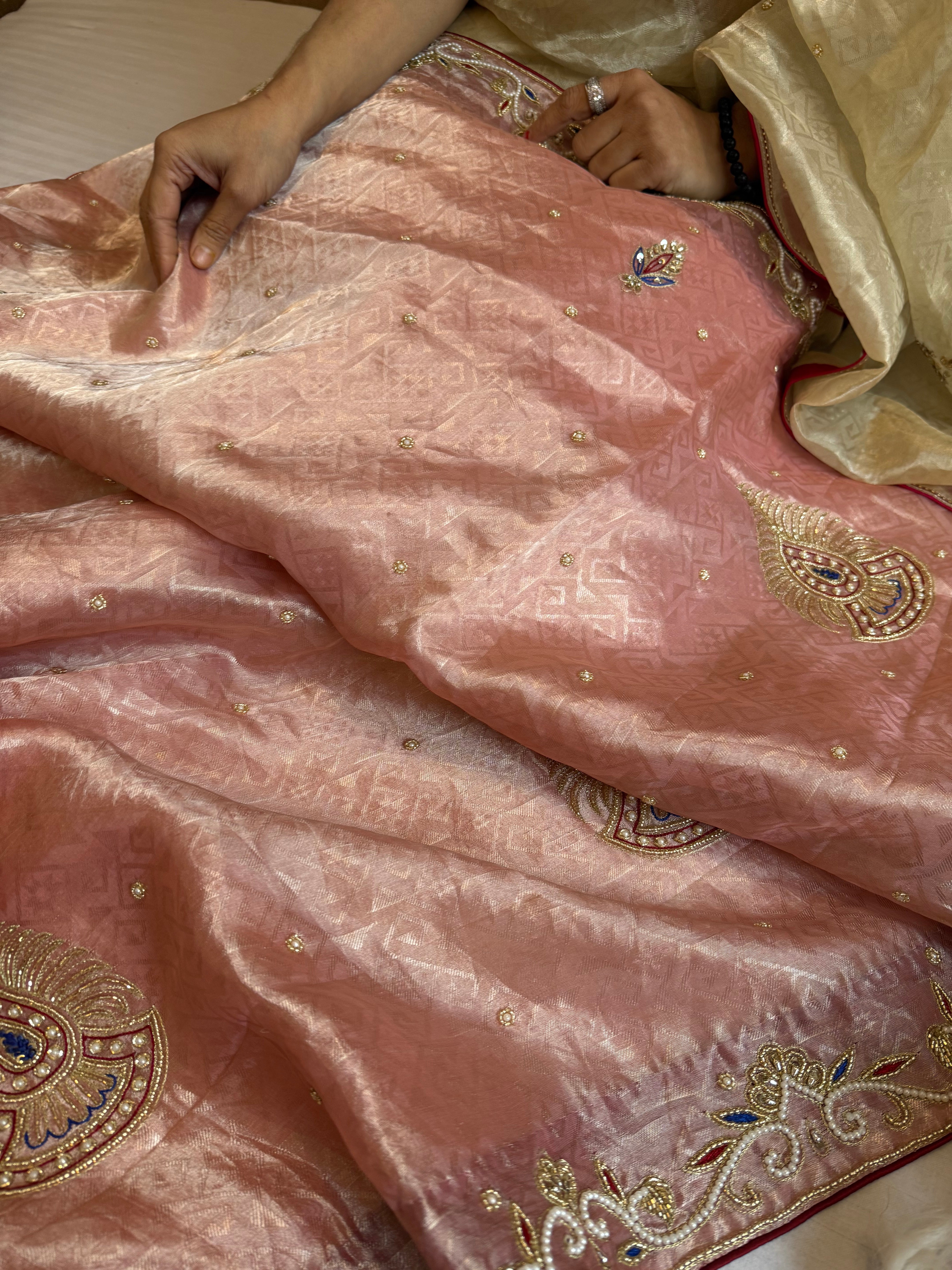Pakeezah edit 2.0 - Gajri shade zardozi hand embroidered tissue silk kadhwa saree
