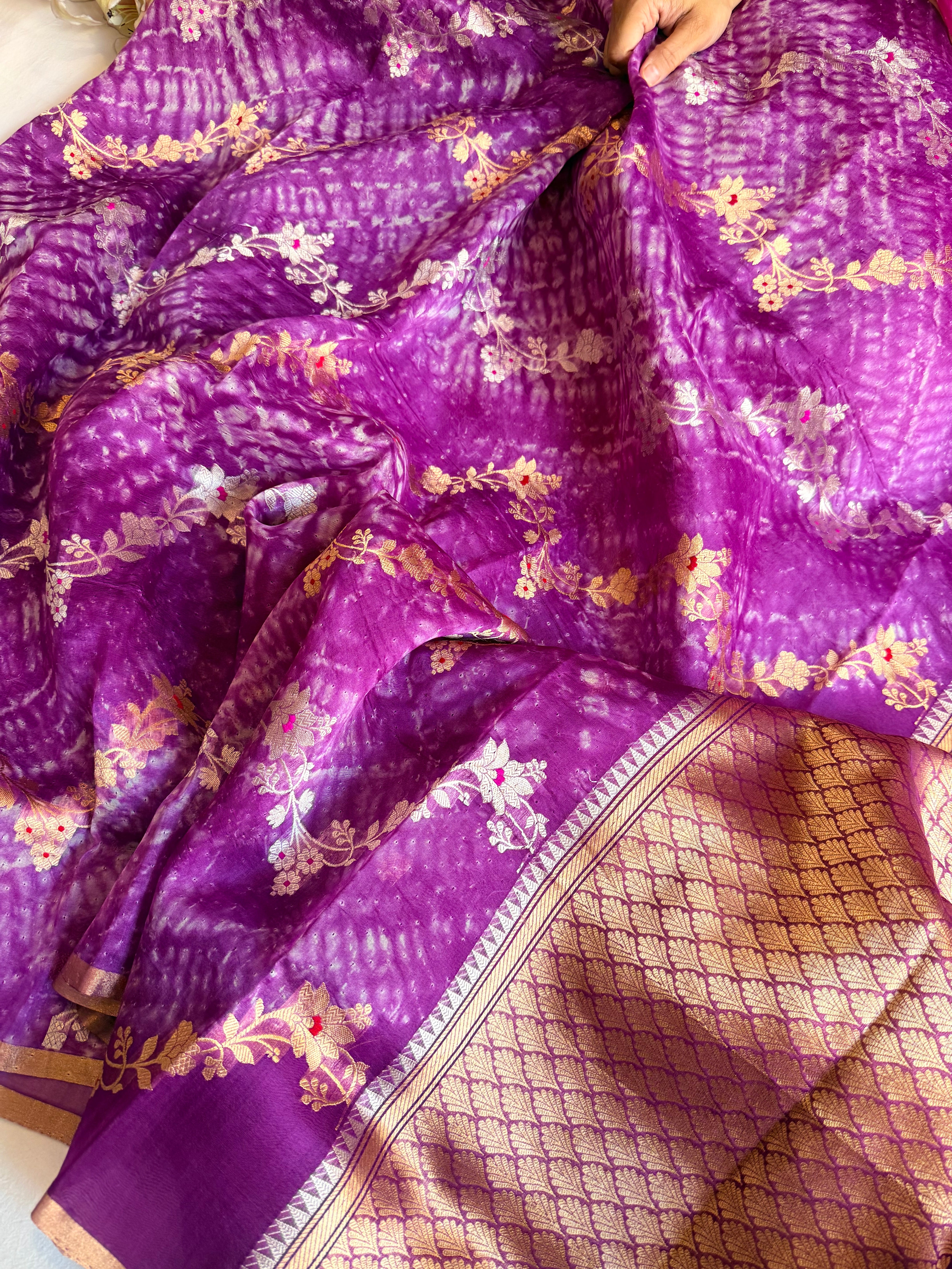 Shibori edit - Banarasi kora silk kadhwa buti shibori hand dyed saree