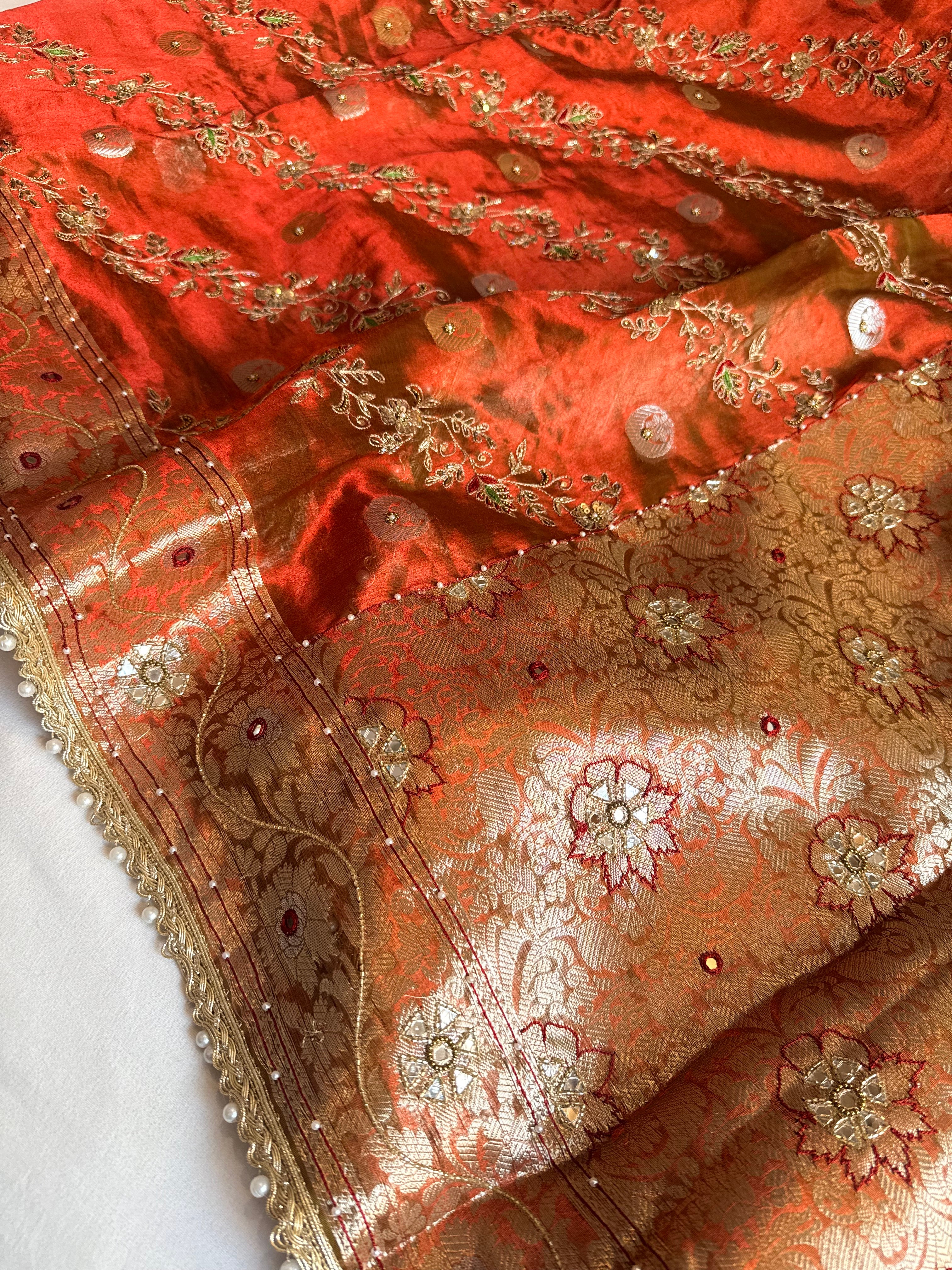 Maharani chand buta kadhwa tissue silk hand embroidered saree duppata set