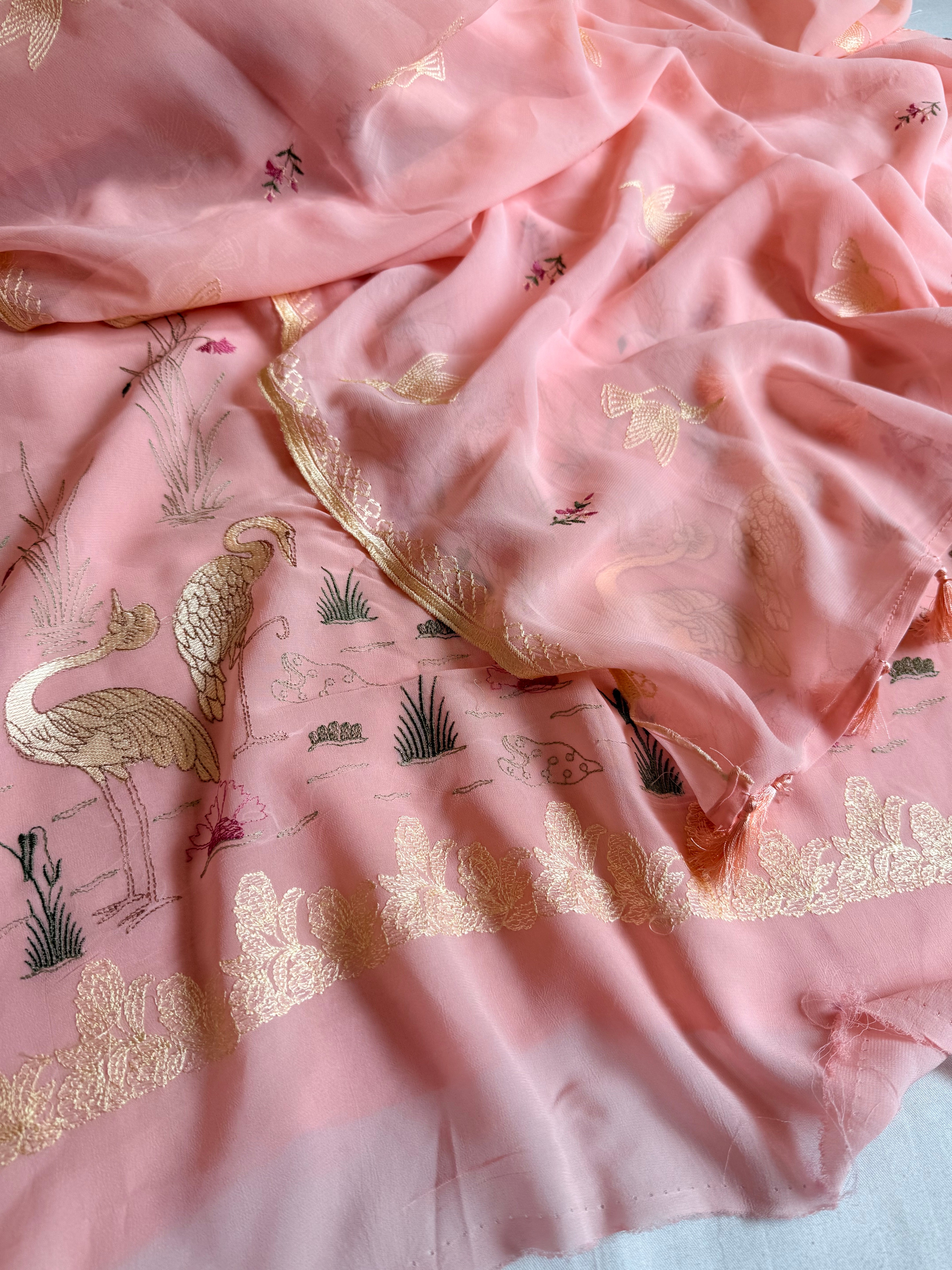 Chiffon gorgette blush peach flamingo meenakari hand embroidered suit