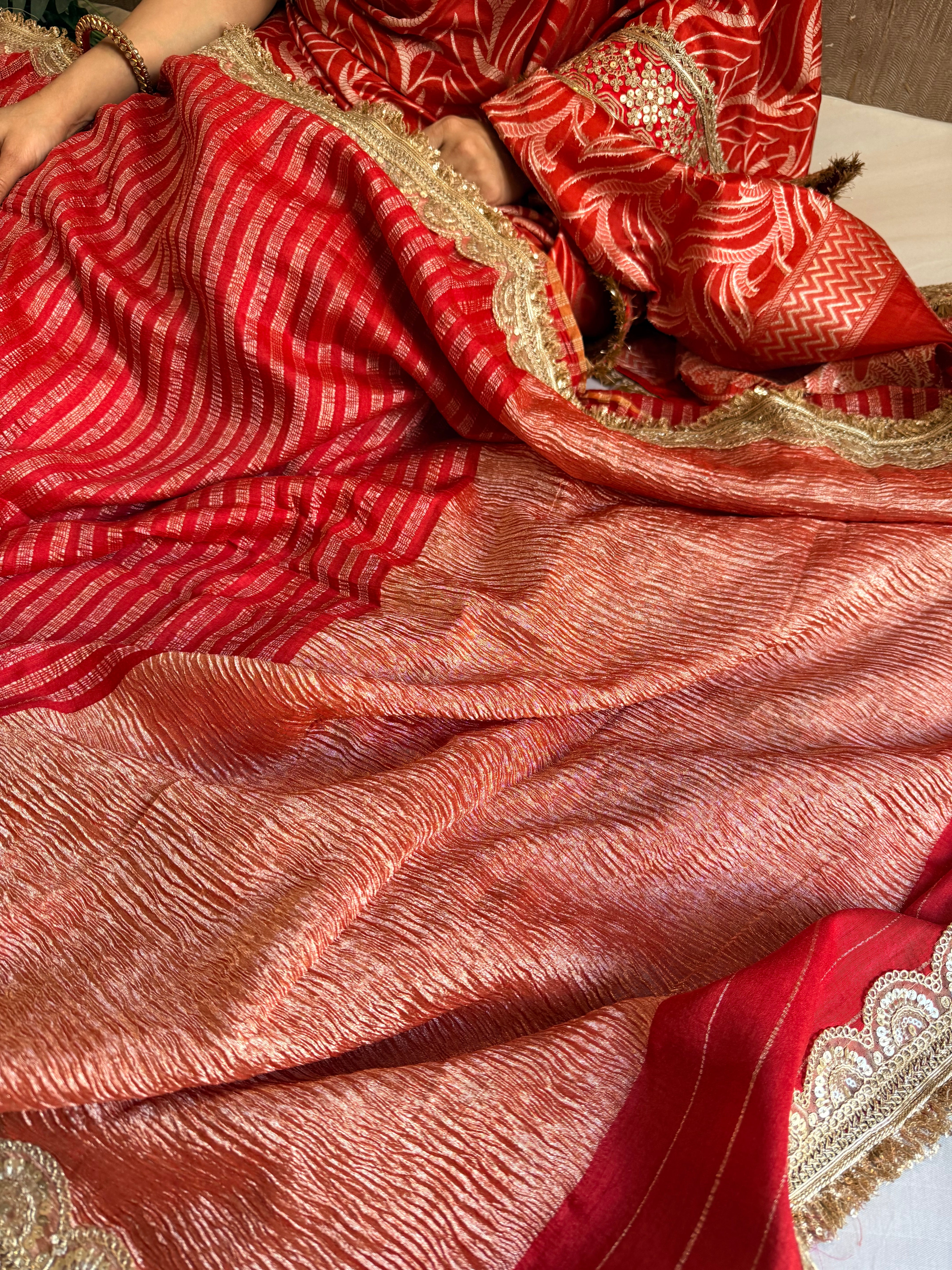 Moonga crushed deep red kadhwa gotapatti saree