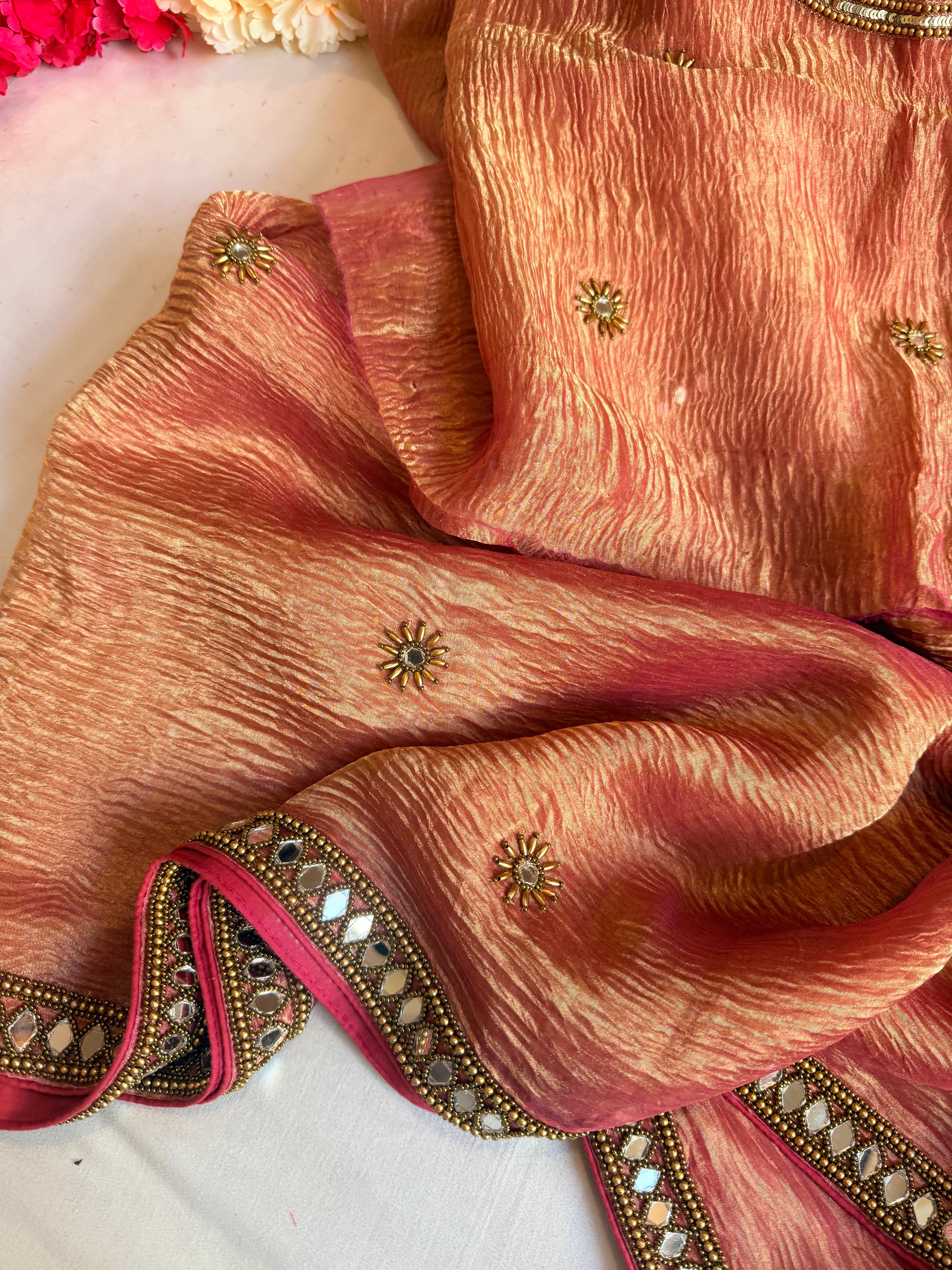 Mirrorwork edit gajri pink crushed tissue silk hand embroidered saree