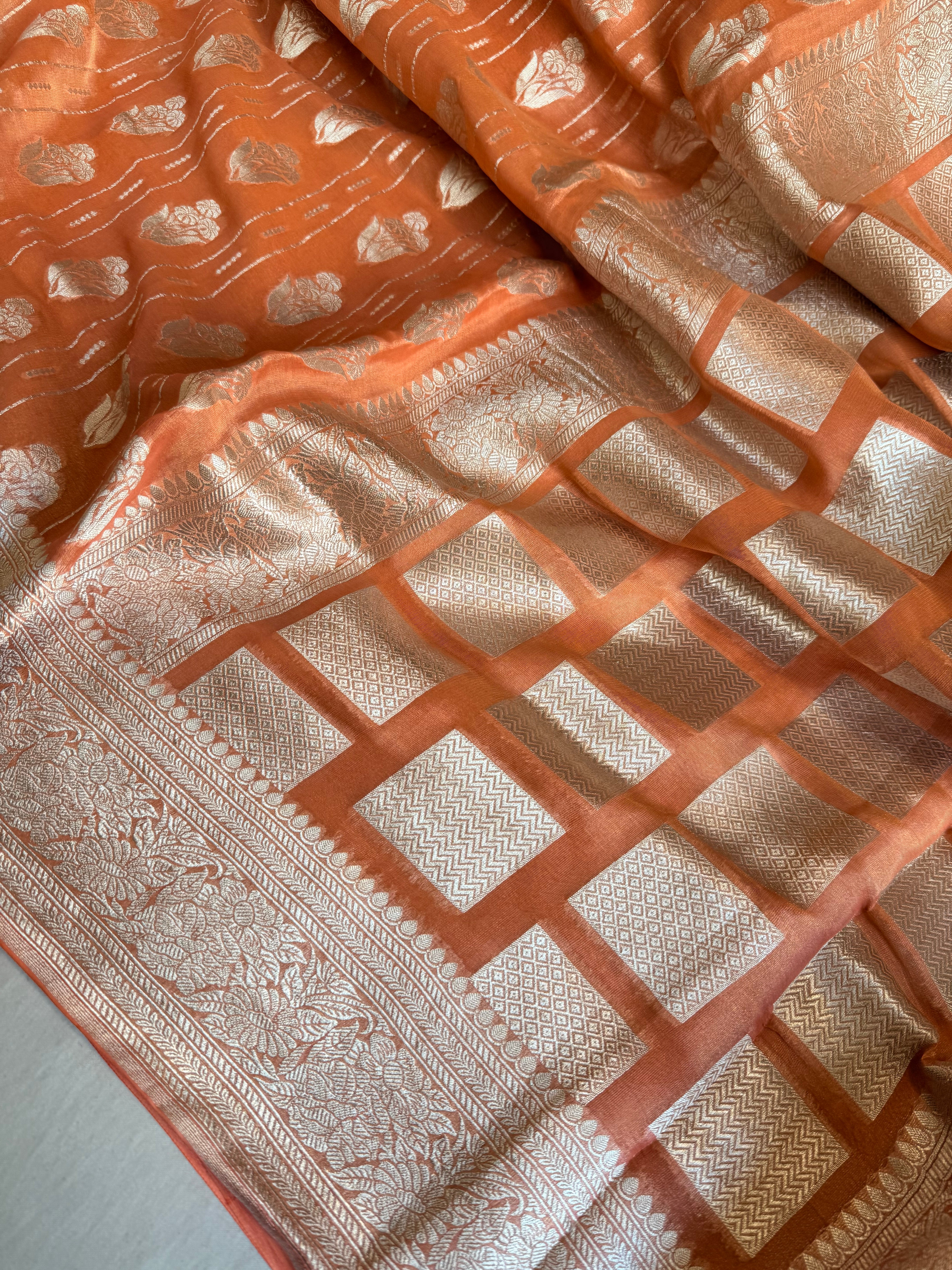 Chiffon soft orange tissue gorgette kadhwa weaving saree