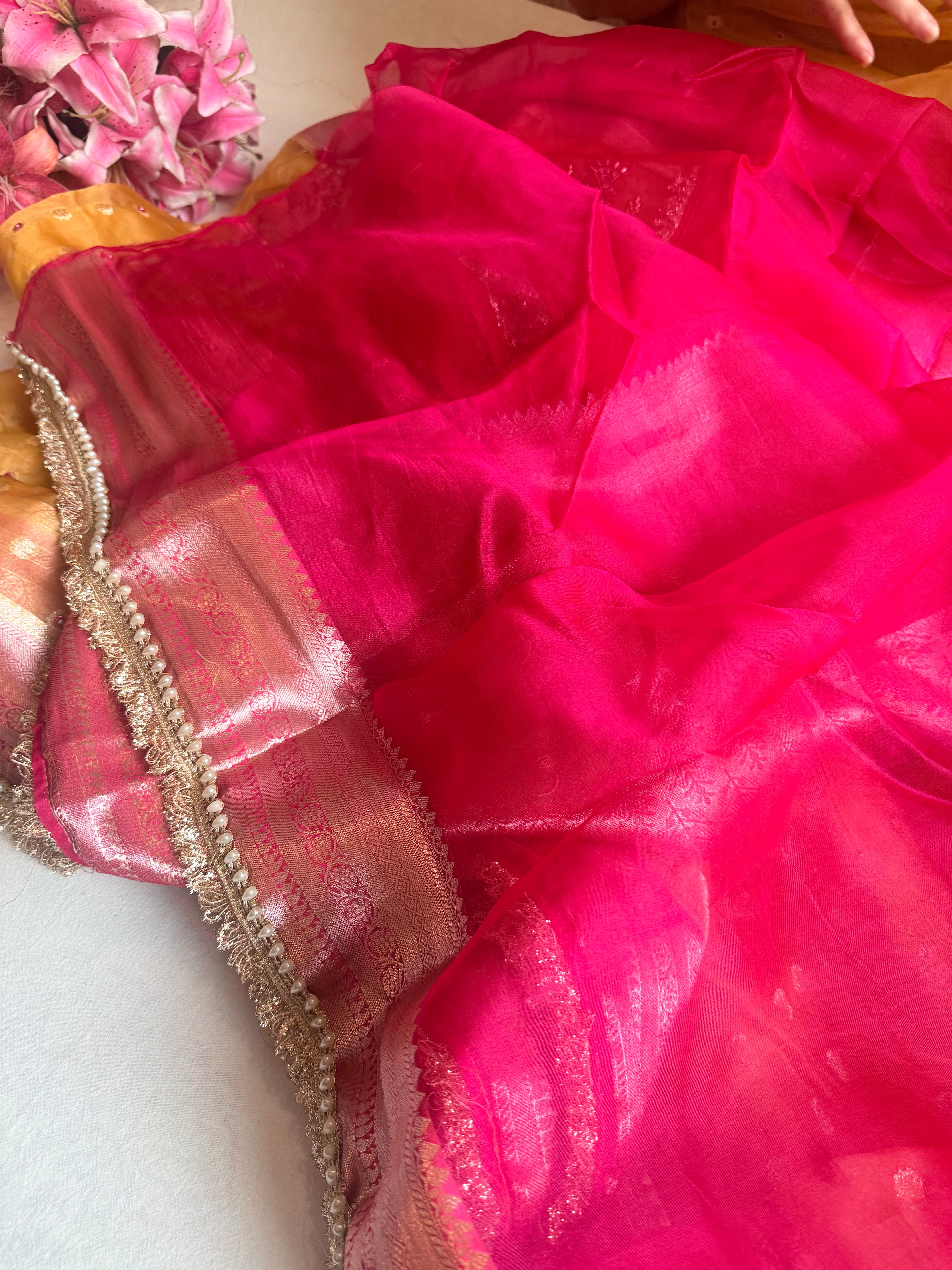 Gulabi meenakari hathi haldi yellow kora silk kadhwa buti hand embroidered saree