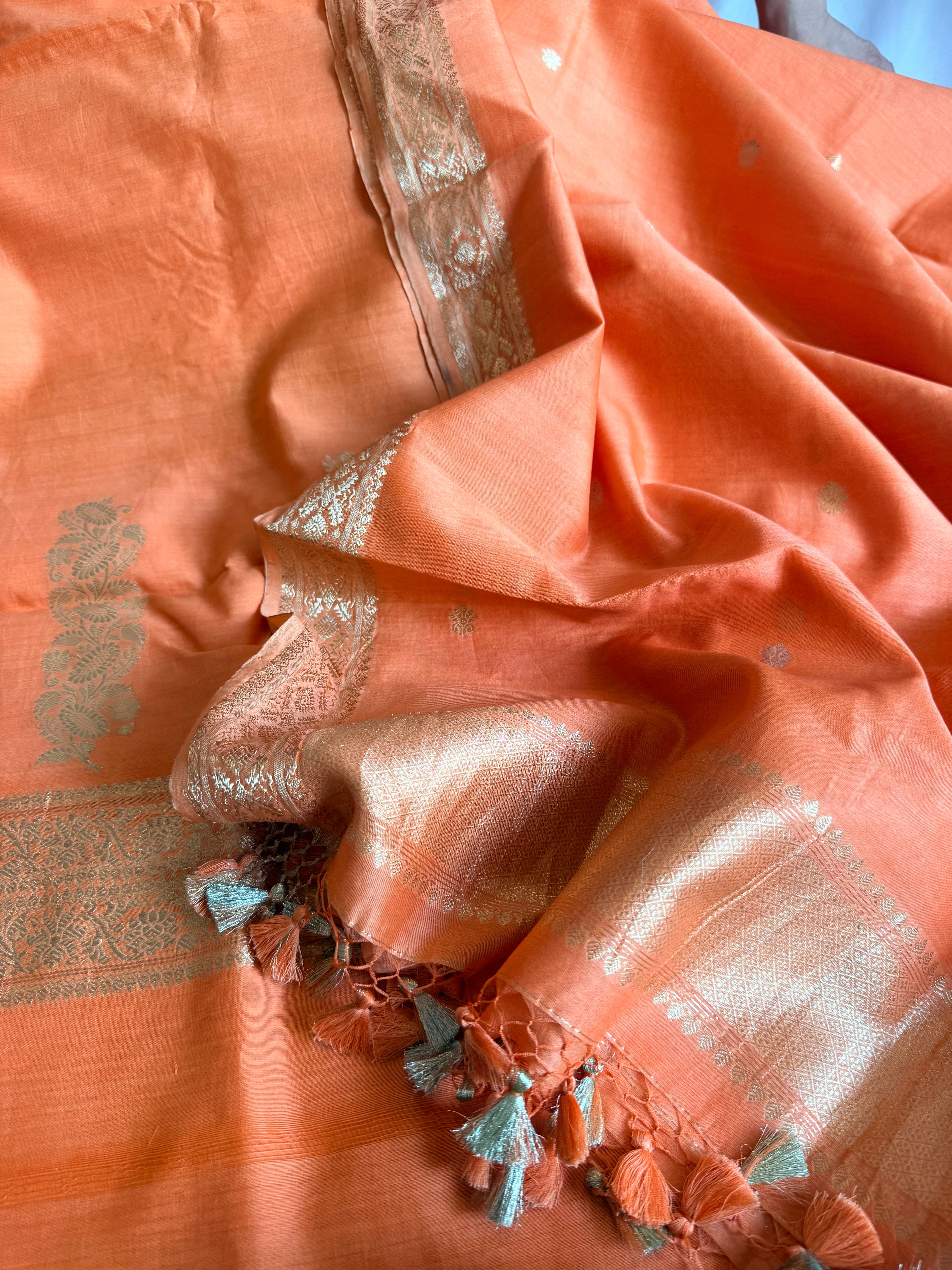 Handloom banarasi cotton kadhwa weaving blush peach suit set
