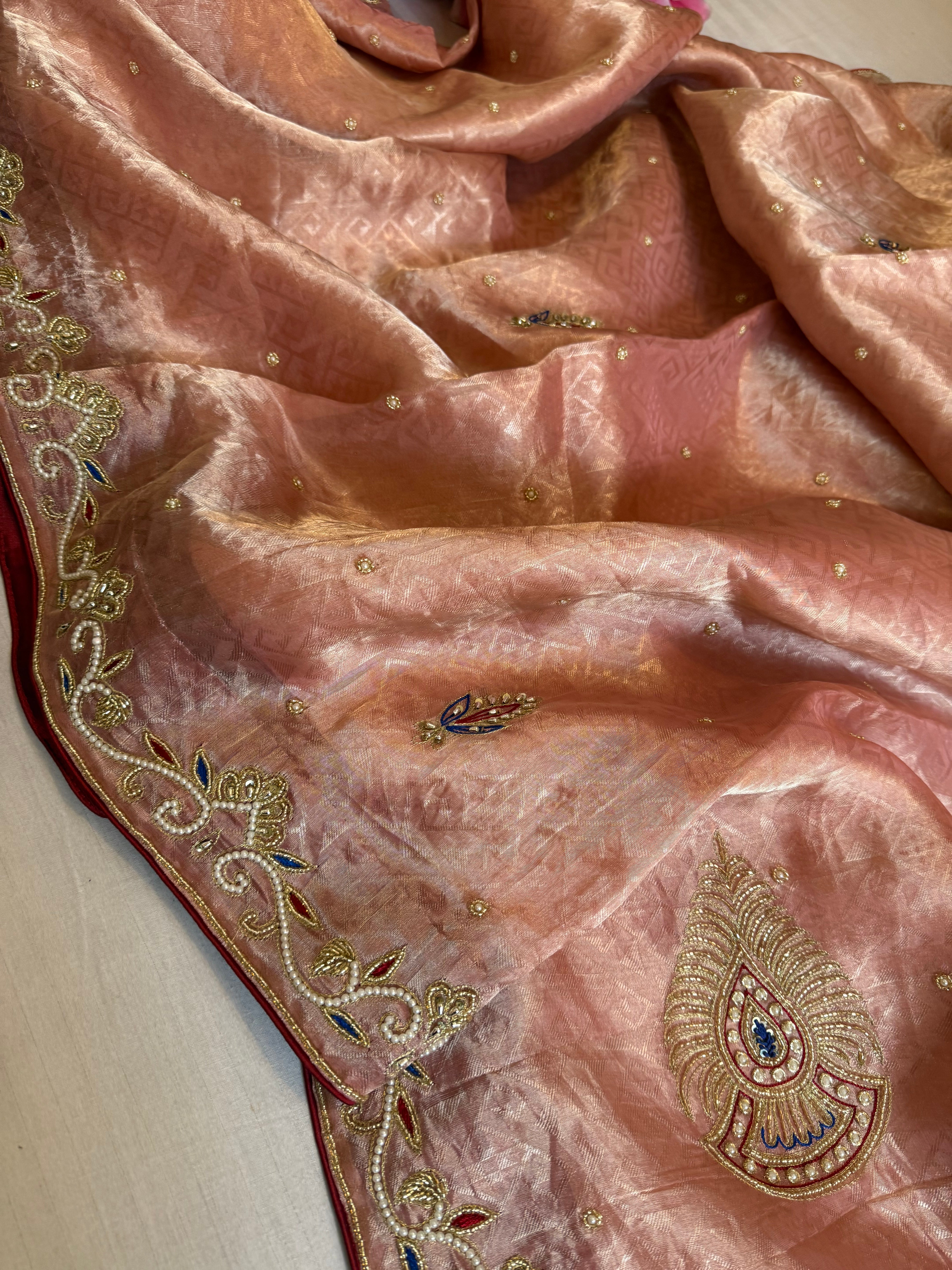 Pakeezah edit 2.0 - Gajri shade zardozi hand embroidered tissue silk kadhwa saree