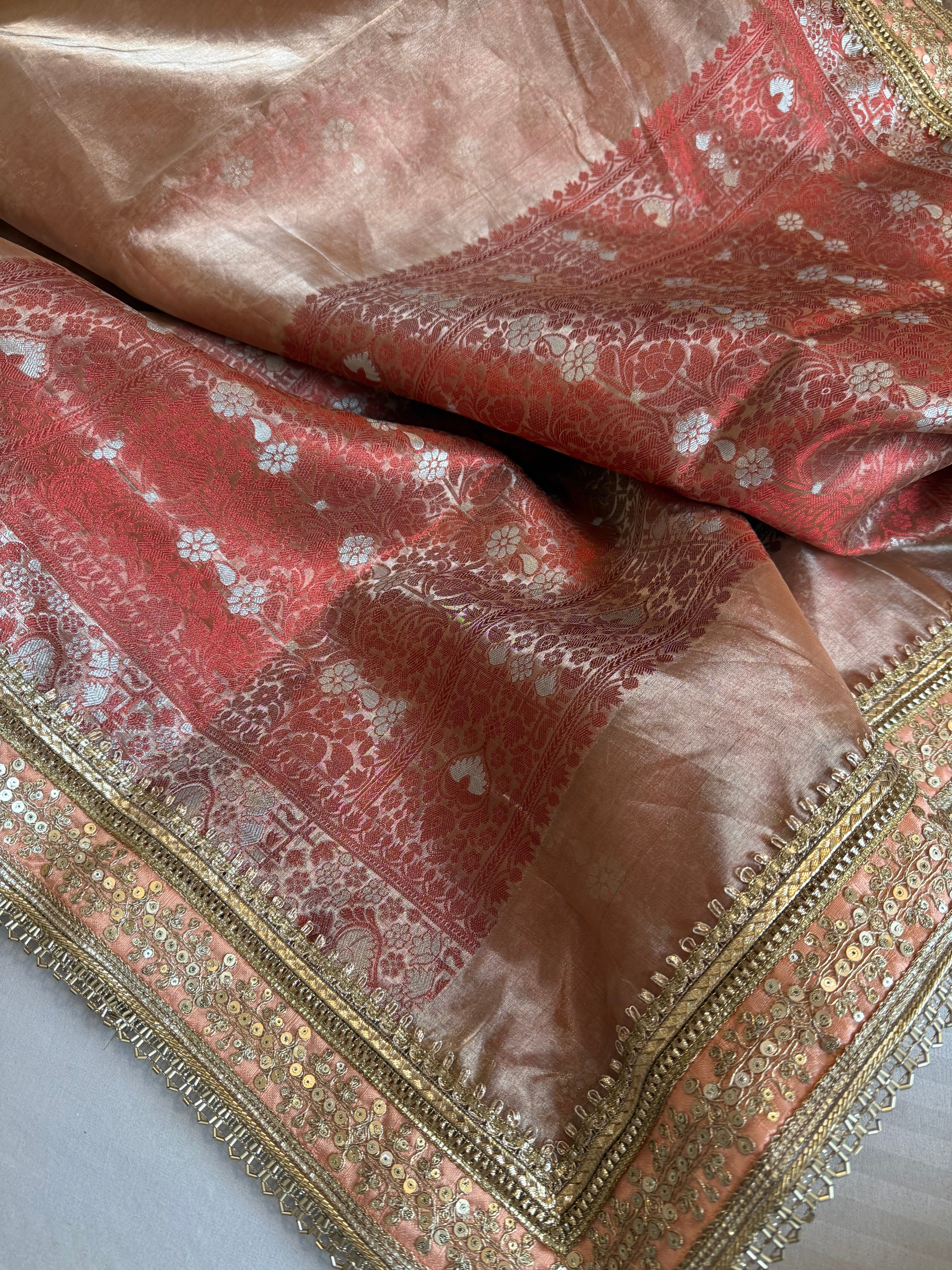 Maharani chuski orange tissue silk meenakari kadhwa saree