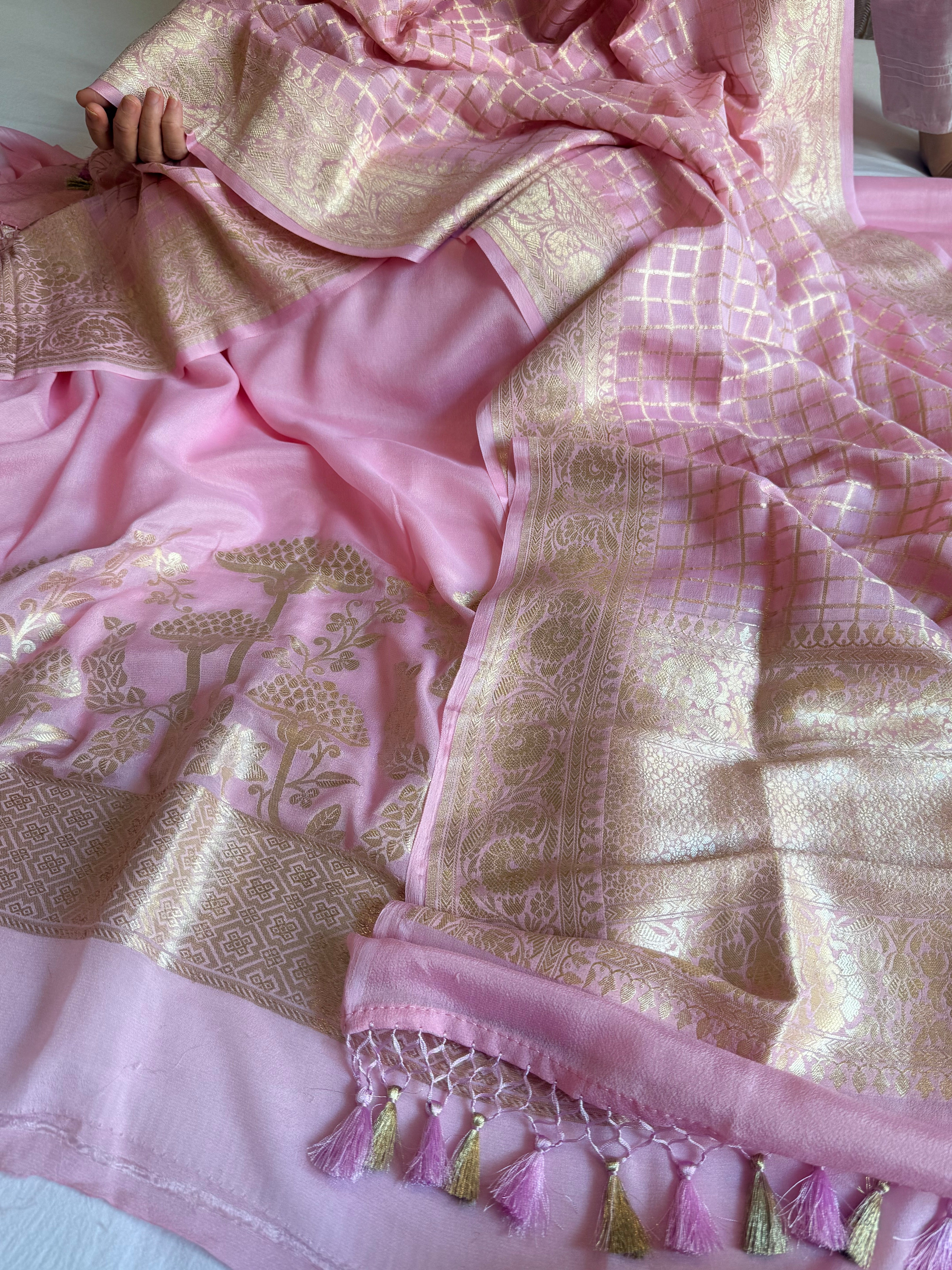 Chiffon gorgette blush pink kadhwa weaving banarasi suit set