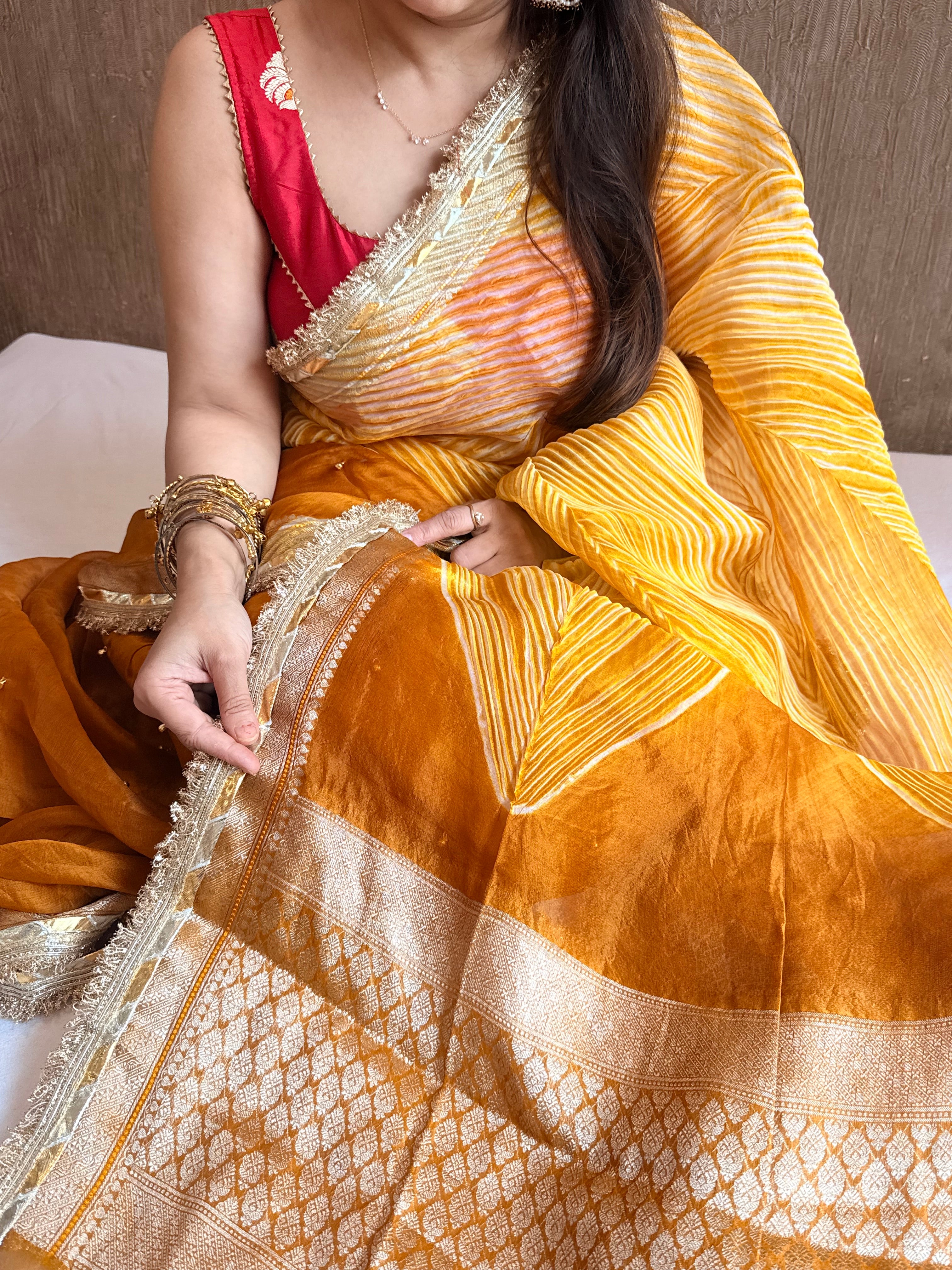 Arshi dye ghungro work kora silk banarasi kadhwa weaving saree