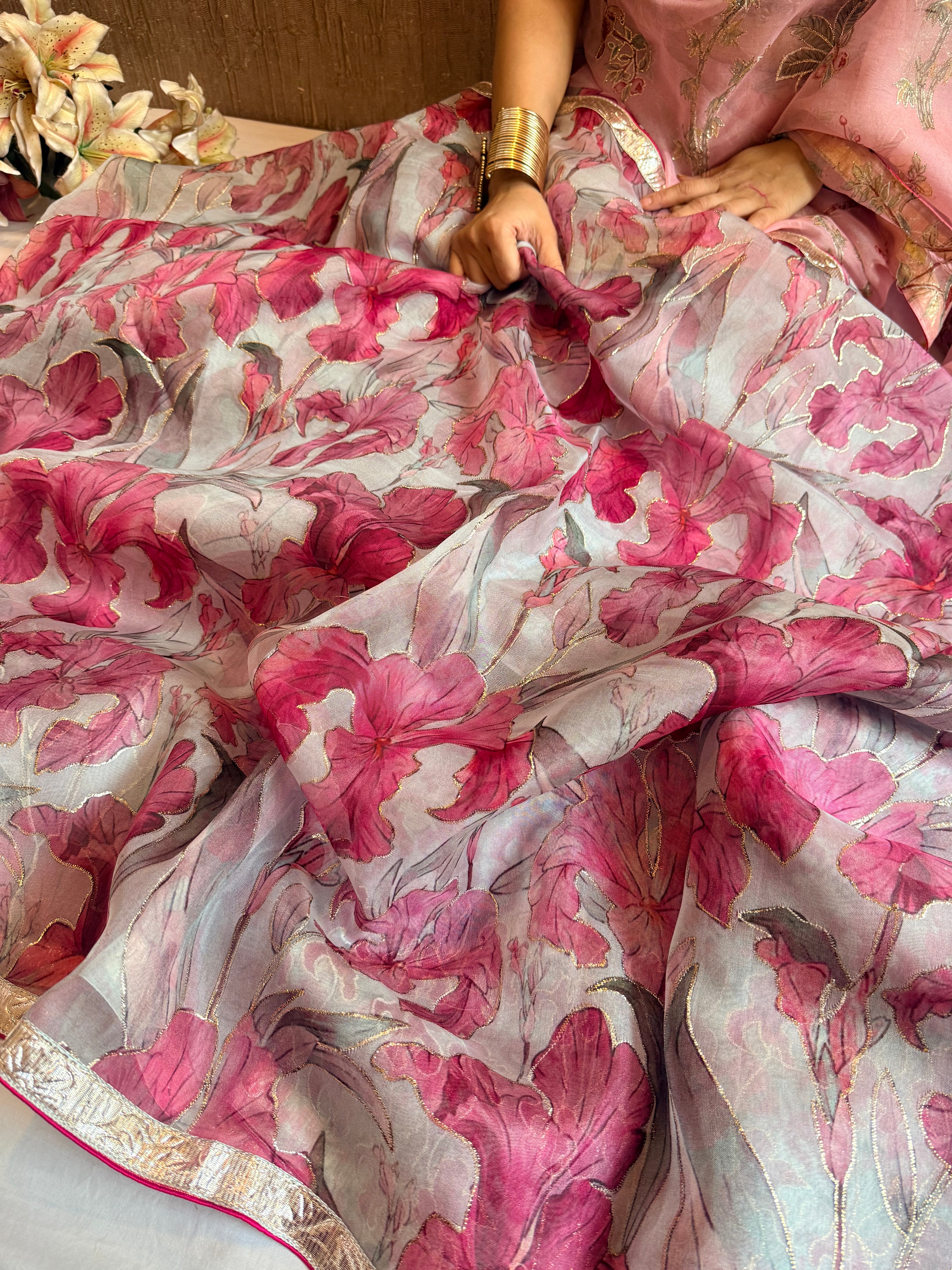 Kora silk printed lampi gotapatti hand embroidered saree