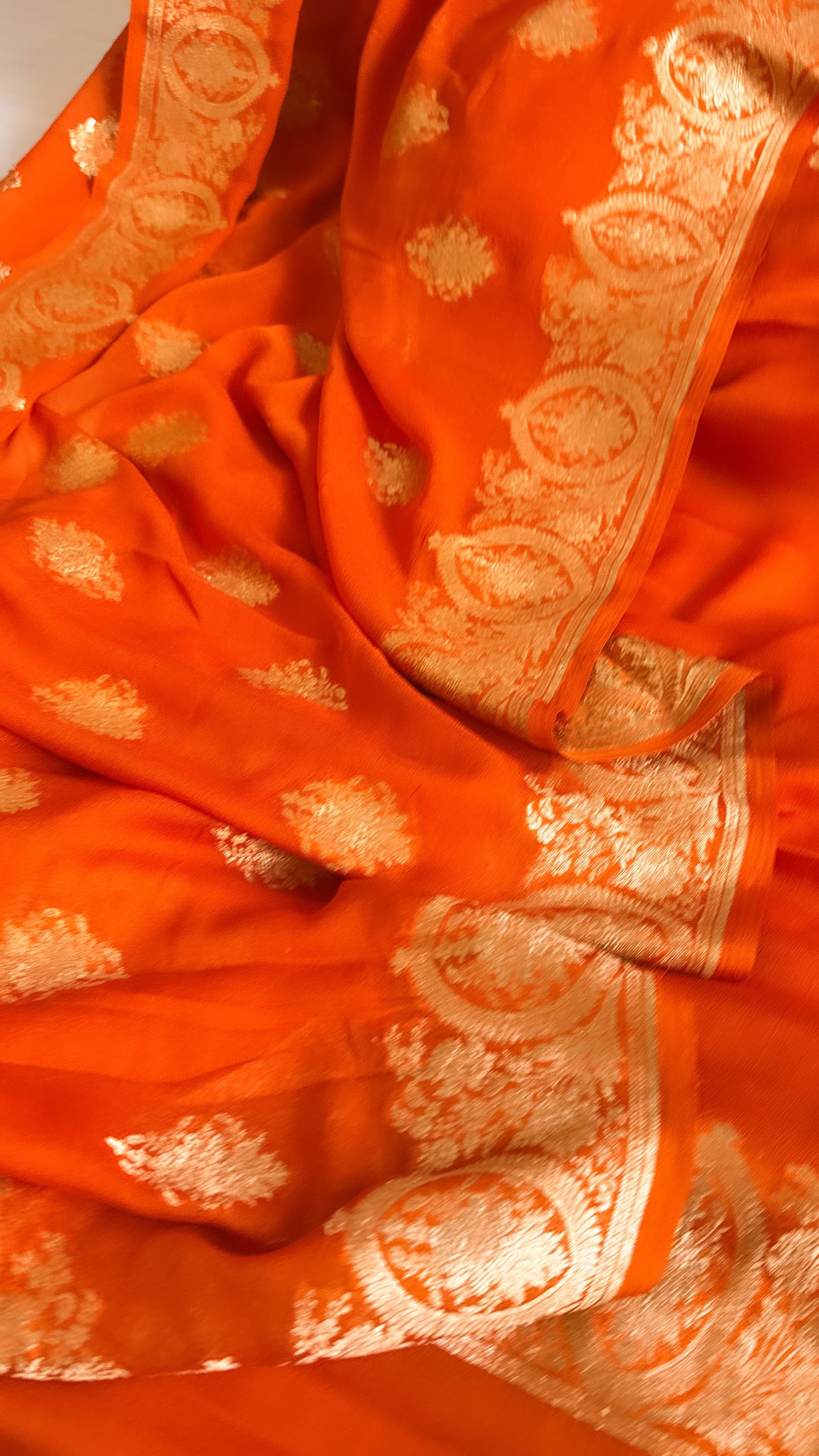 Neck & Pocket weaving - Chiffon gorgette fanta orange kadhwa weaving suit set