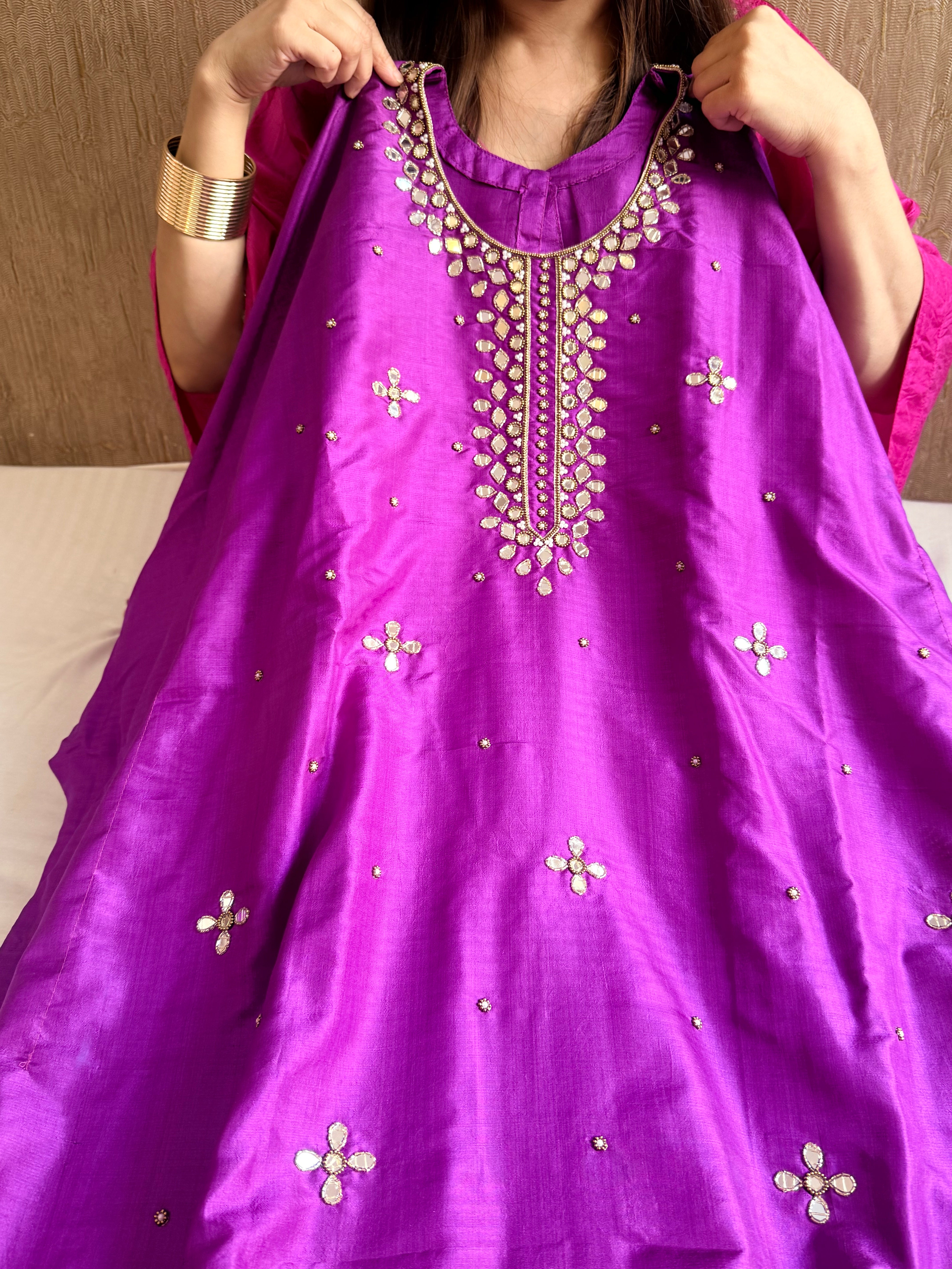 Mashru satin silk banarasi mirrorwork free size kaftan set with bottom