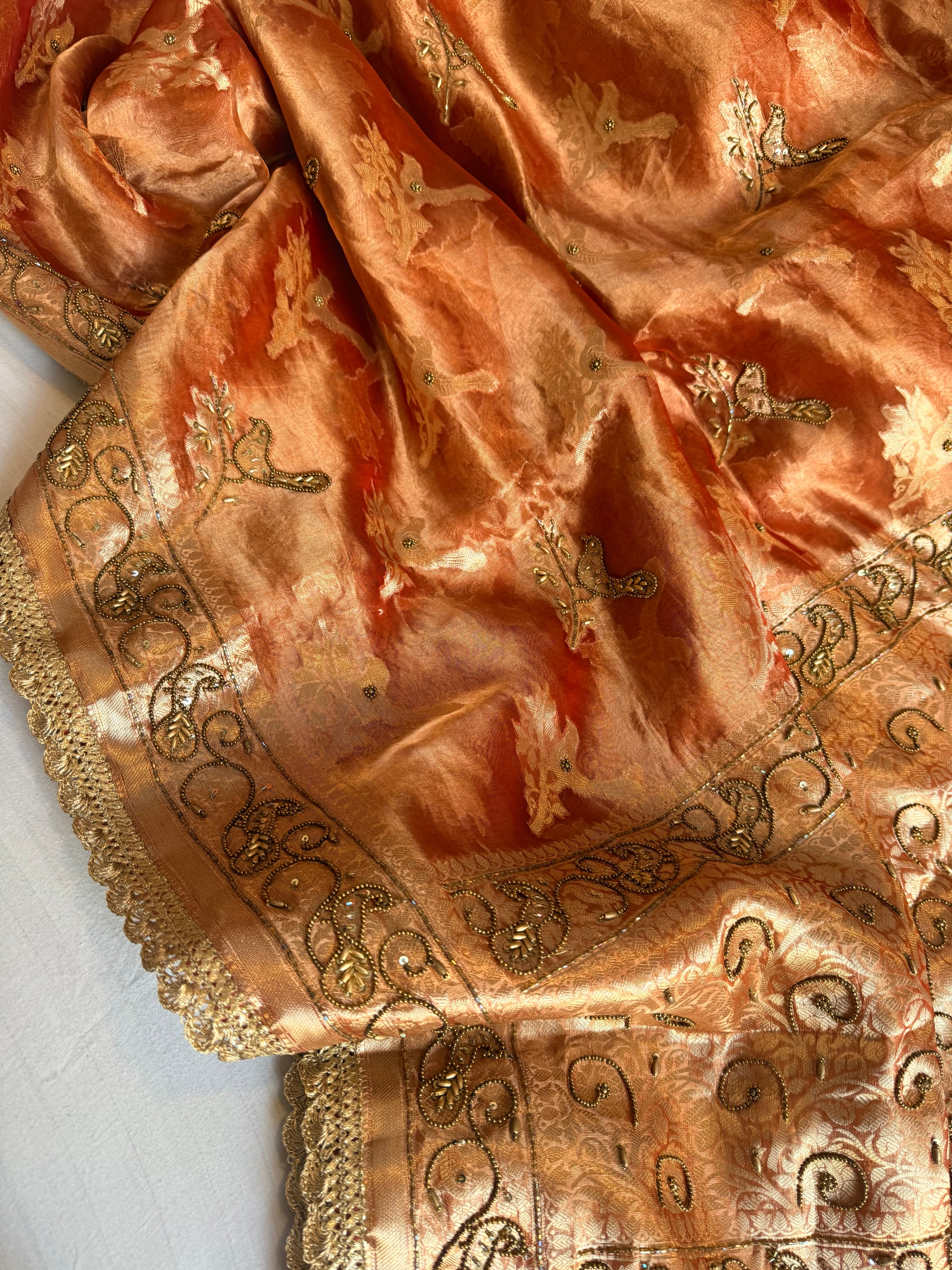 Chiraiya wali saree - Sunset red tissue silk figure motif weaving and hand embroidered saree