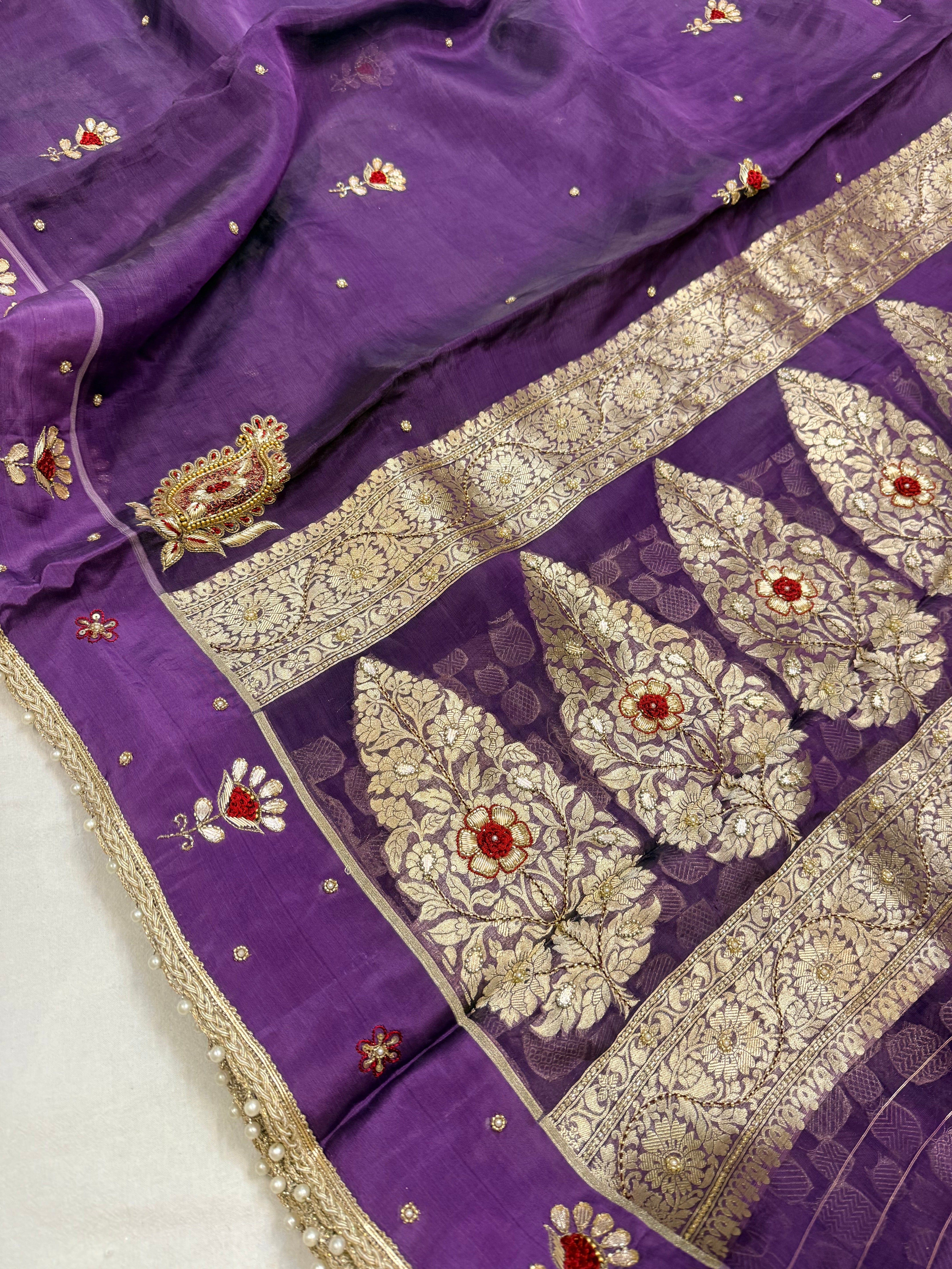 Brinjal purple tissue silk hand embroidered kadhwa saree