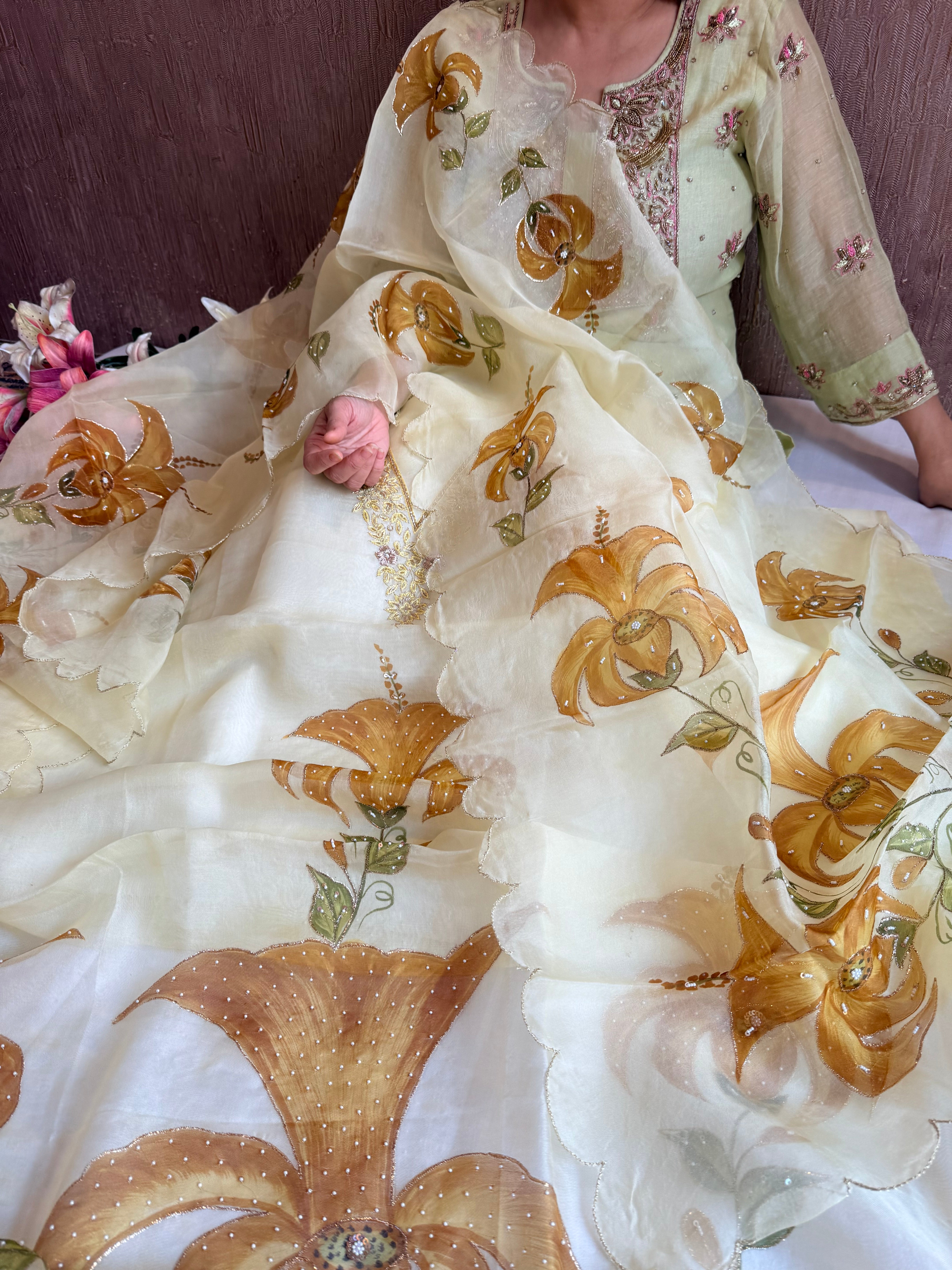 Banarasi Kora silk hand embroidered floral printed suit set