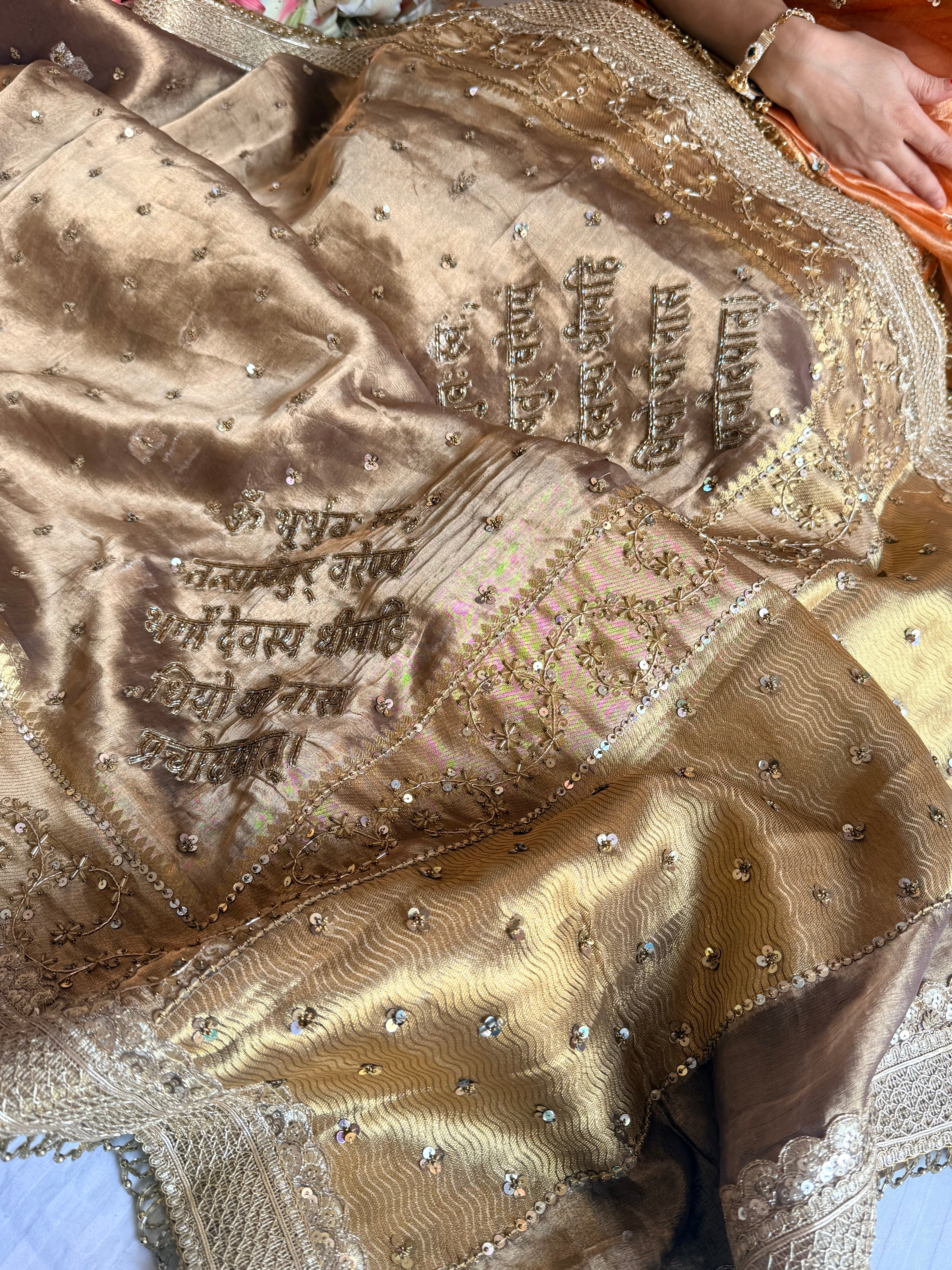 Salma-sitara molten antique gold tissue silk gayatri mantra hand embroidered saree