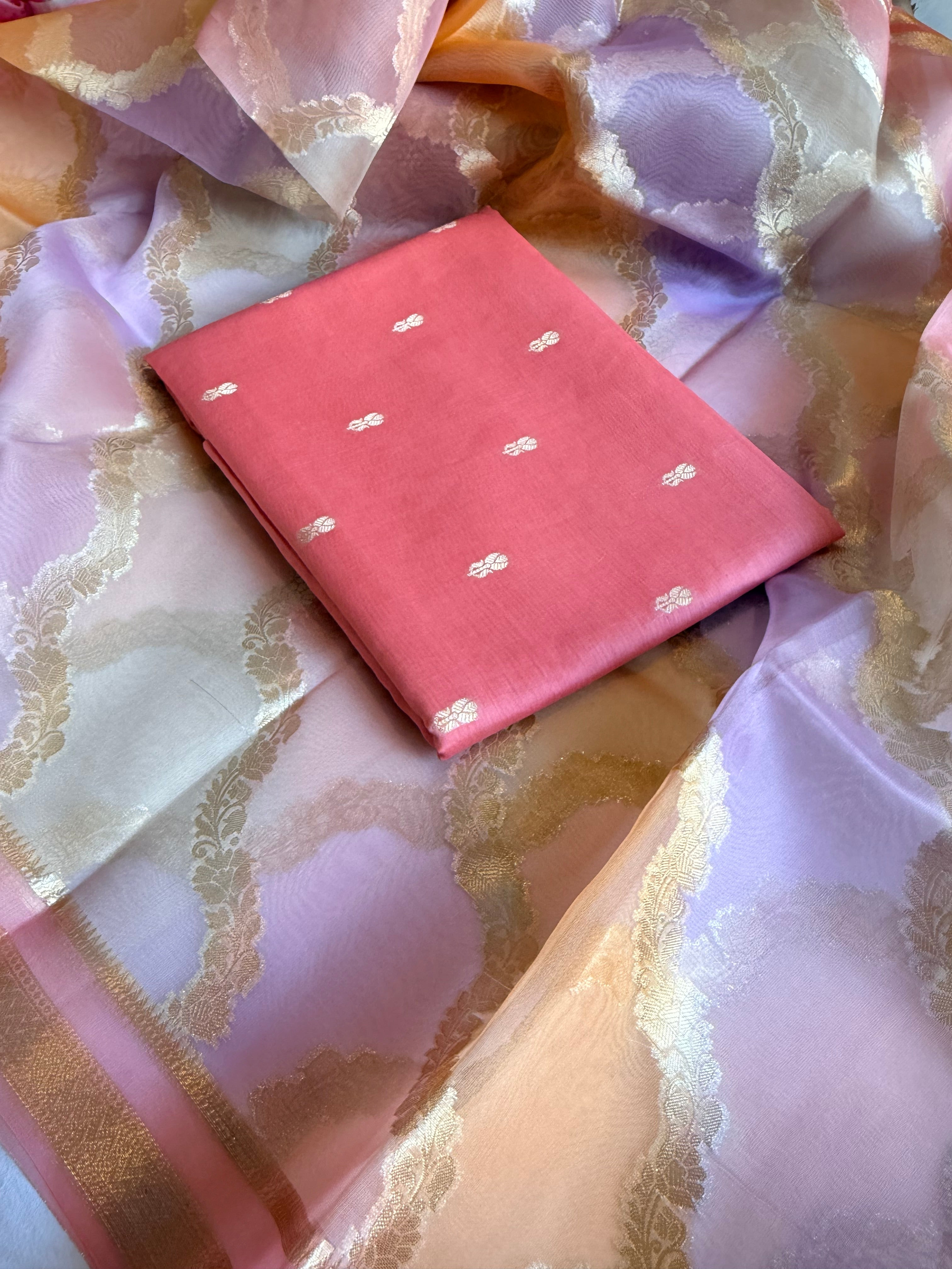 Banarasi chiniya silk kurta paired with candy colours rangkaat kora silk duppata
