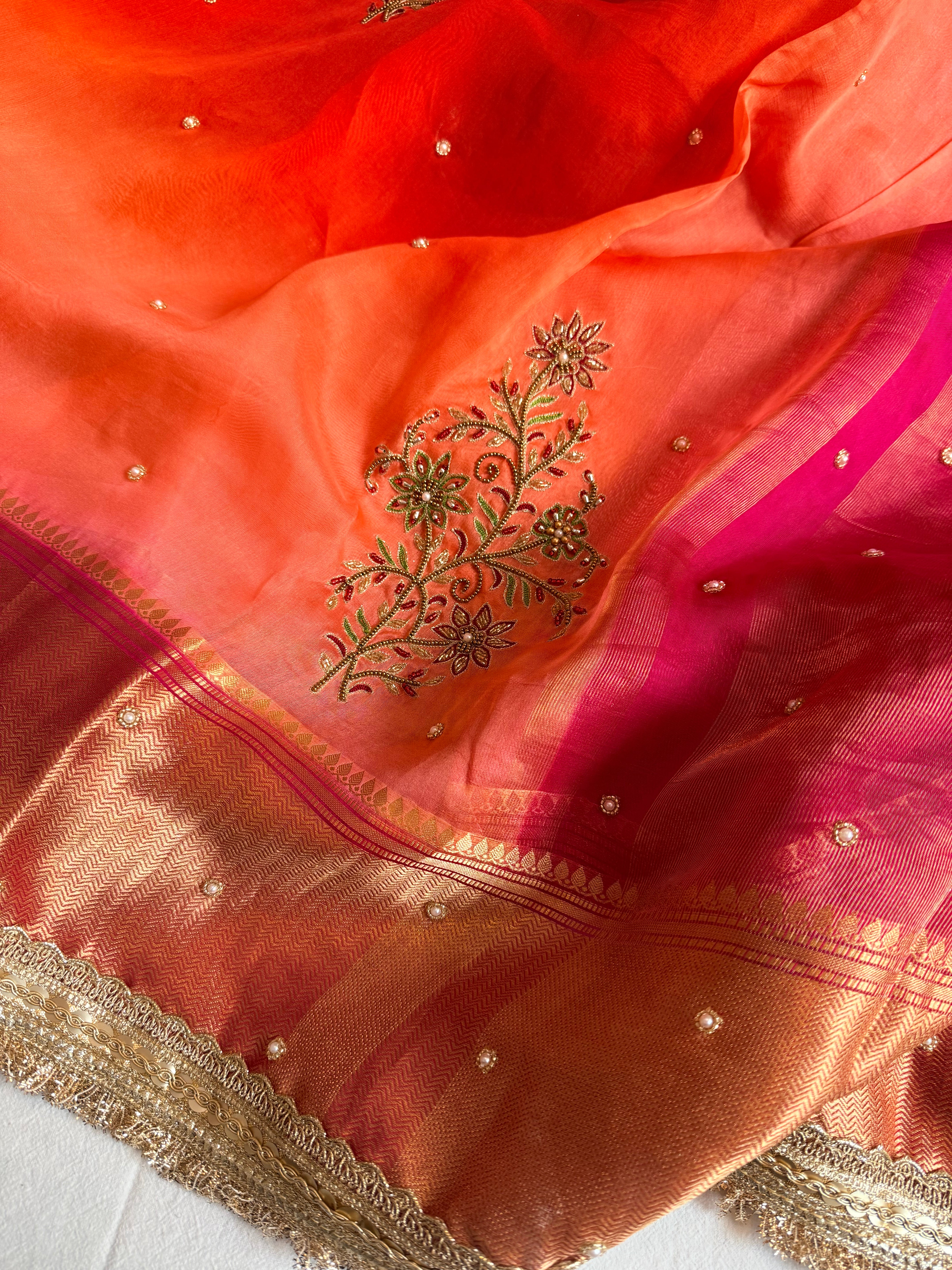 Husn ganga jamuna contrast border kora silk hand embroidered saree