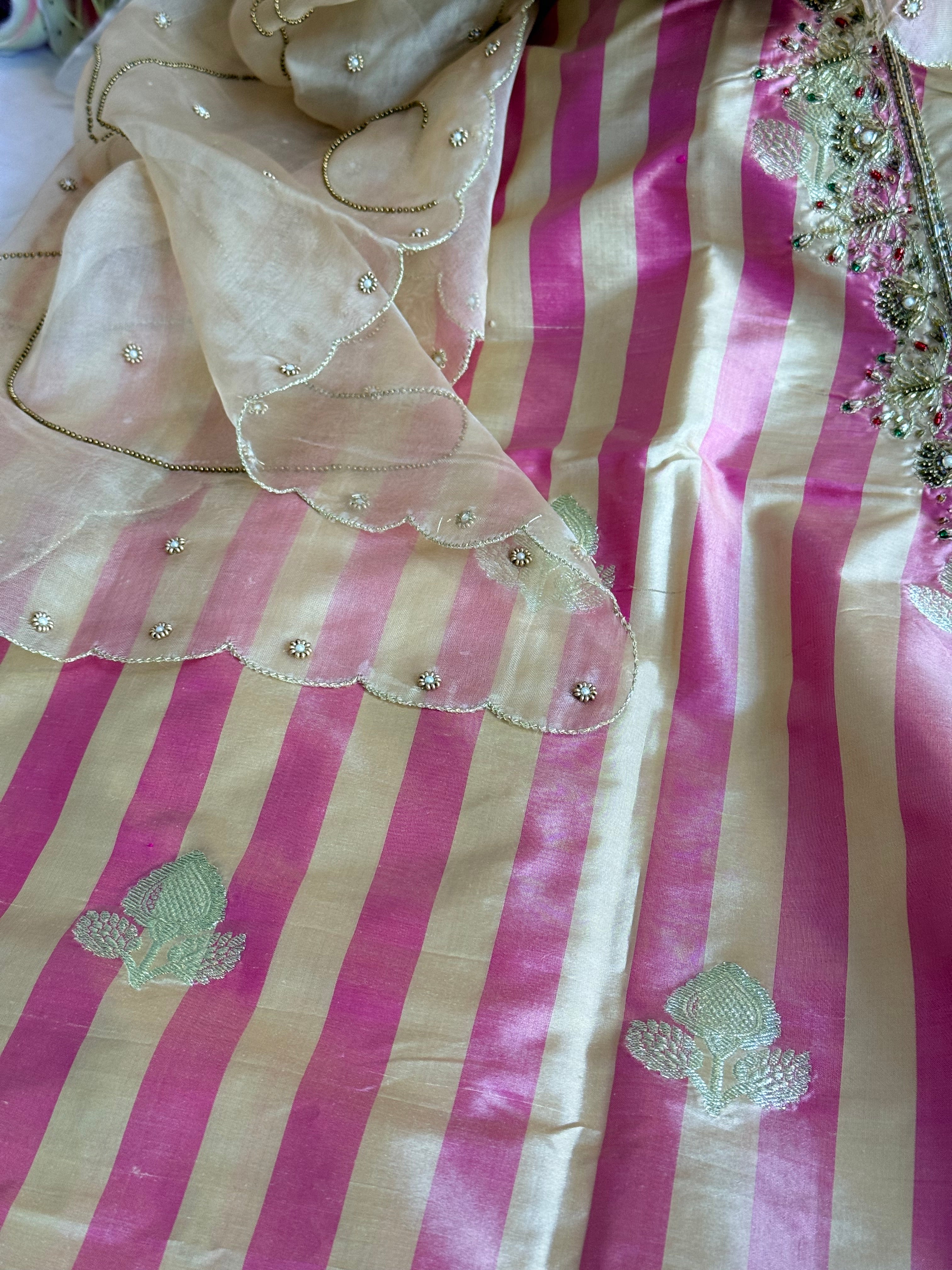 Katan silk kadhwa striped hand embroidered dhup chao effect suit set