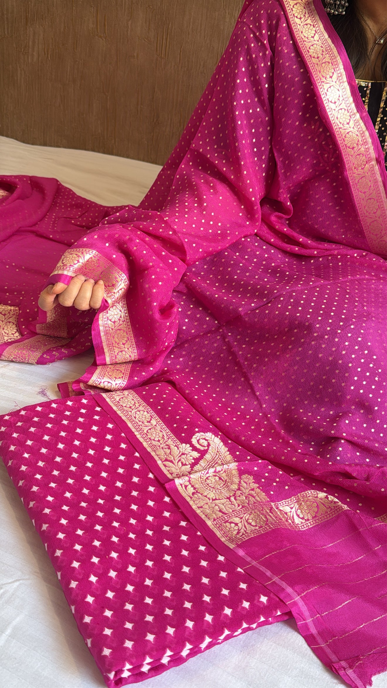 Vivah edit - Hot pink chiffon gorgette chunri buti Banarasi suit set