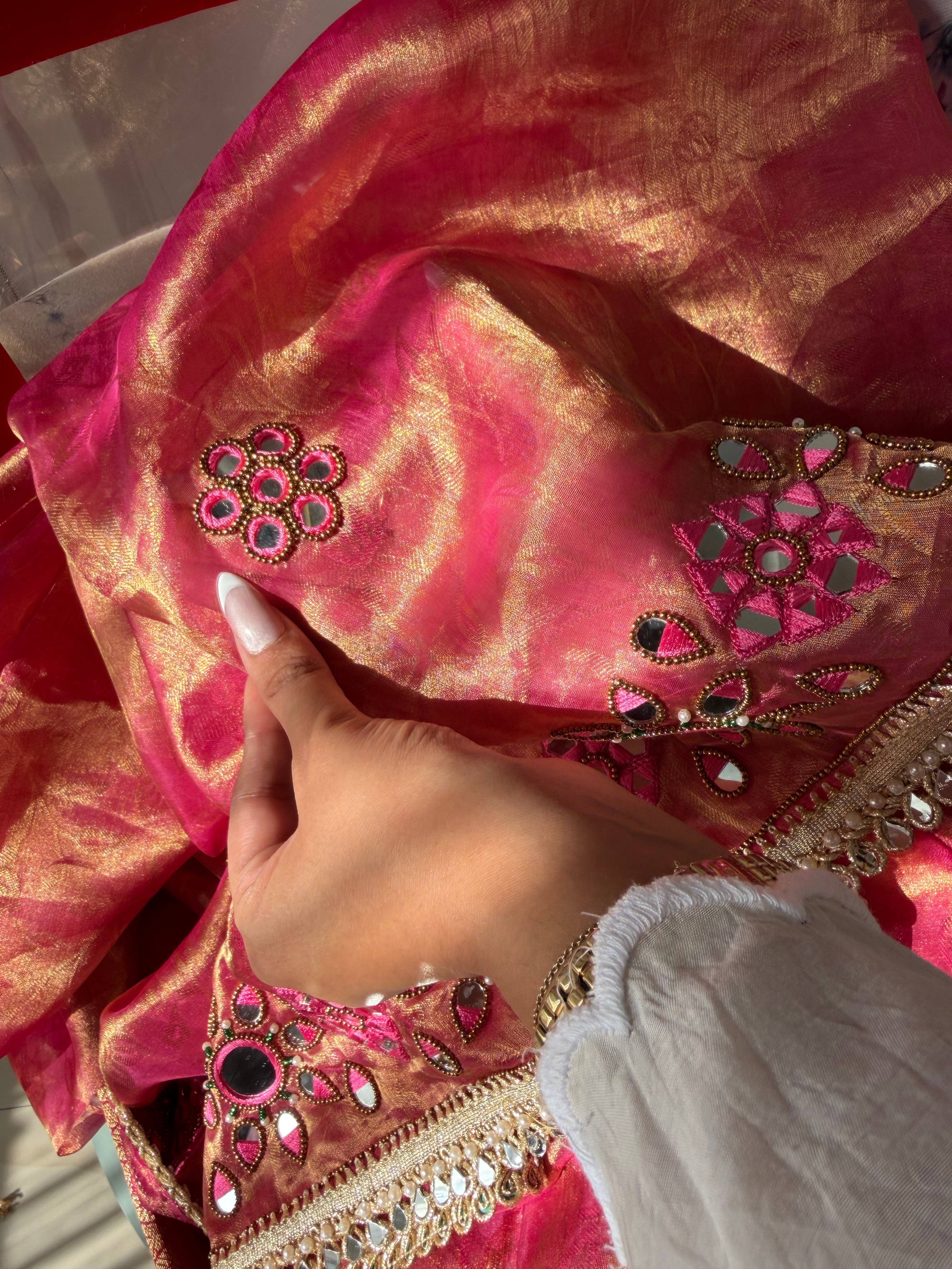 Desi barbie pink tissue tanchoi mirrorwork banarasi kadhwa saree