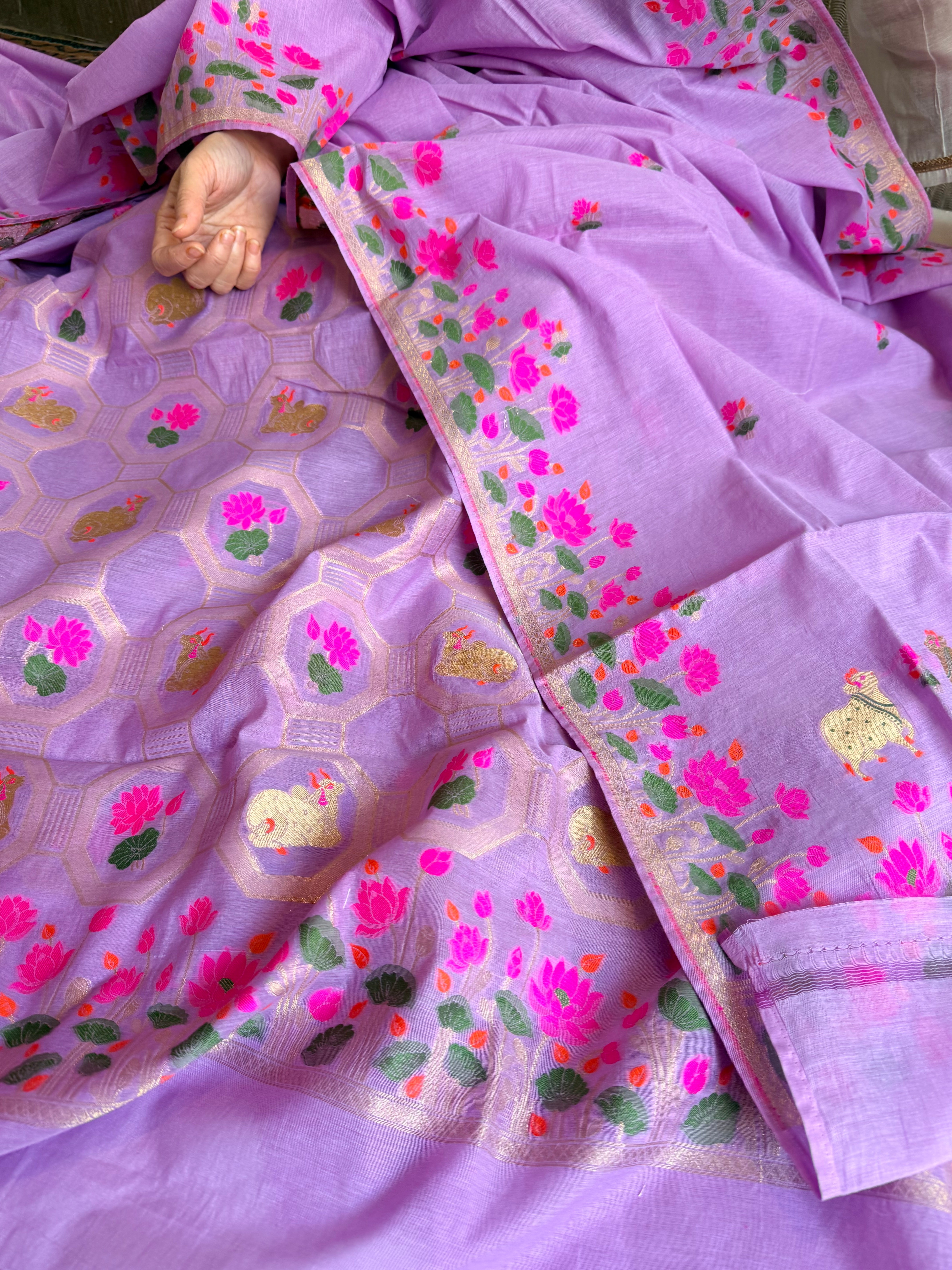 Mul cotton banarasi meenakari nandu motif suit sets
