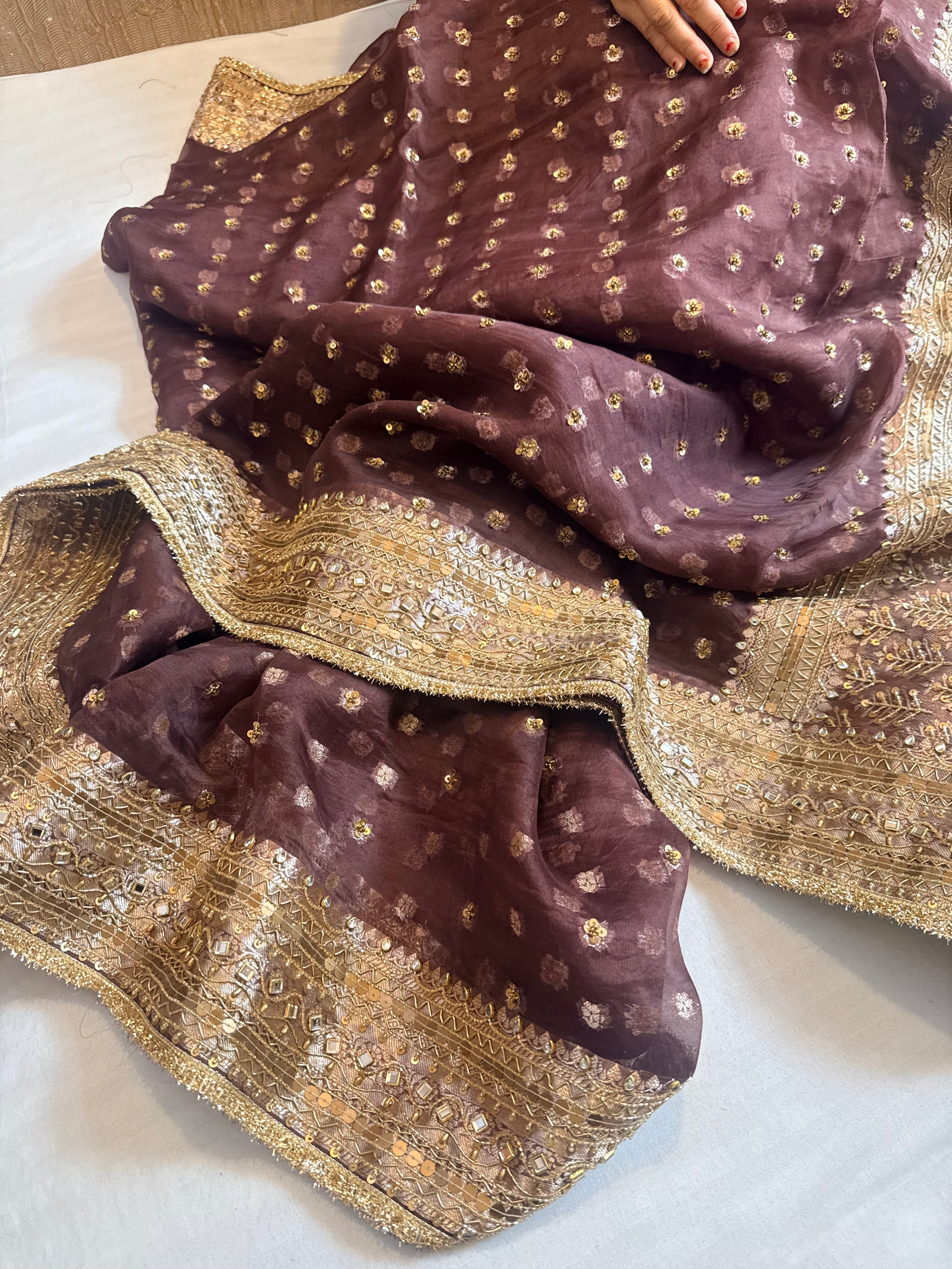 Coffee brown kora silk bollywood inspired antique work hand embroidered saree ( Blouse stitched size M-L )