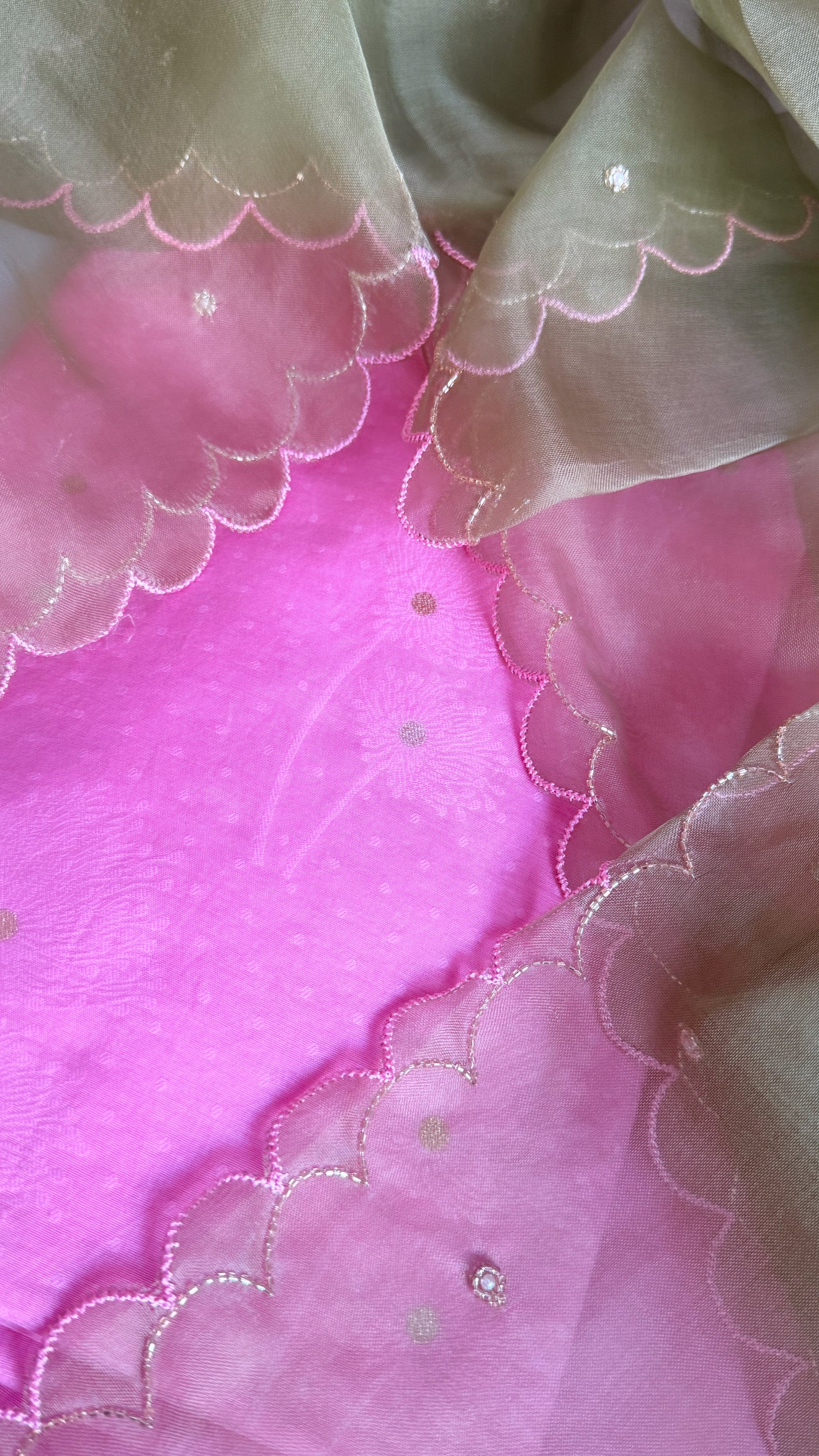 Summer suits under 8k - Mul cotton pink kurta paired with kora silk scalloped green duppata set