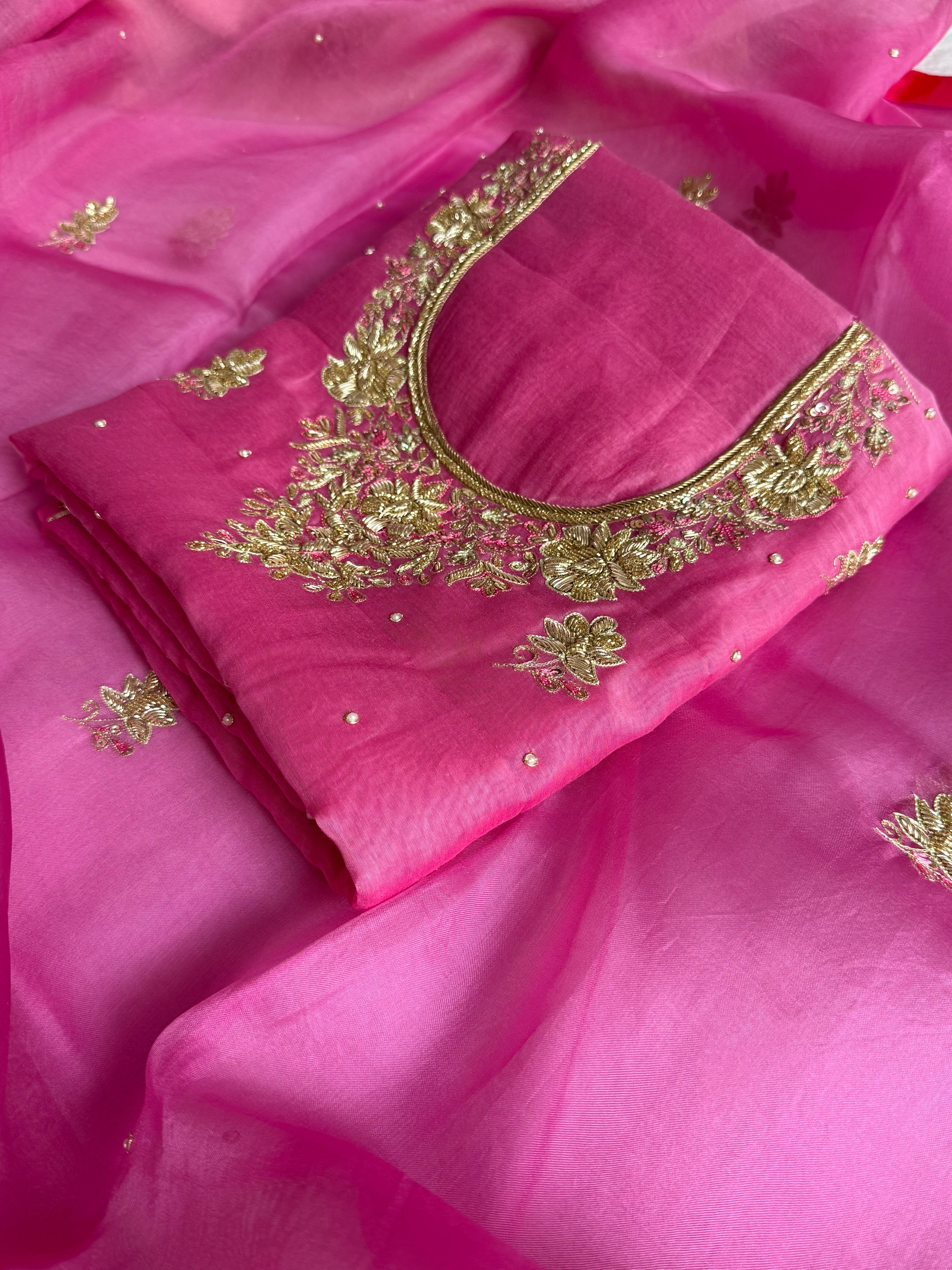 Banarasi formal wear mul cotton candy pink hand embroidered kurta paired with kora silk banarasi border duppata set