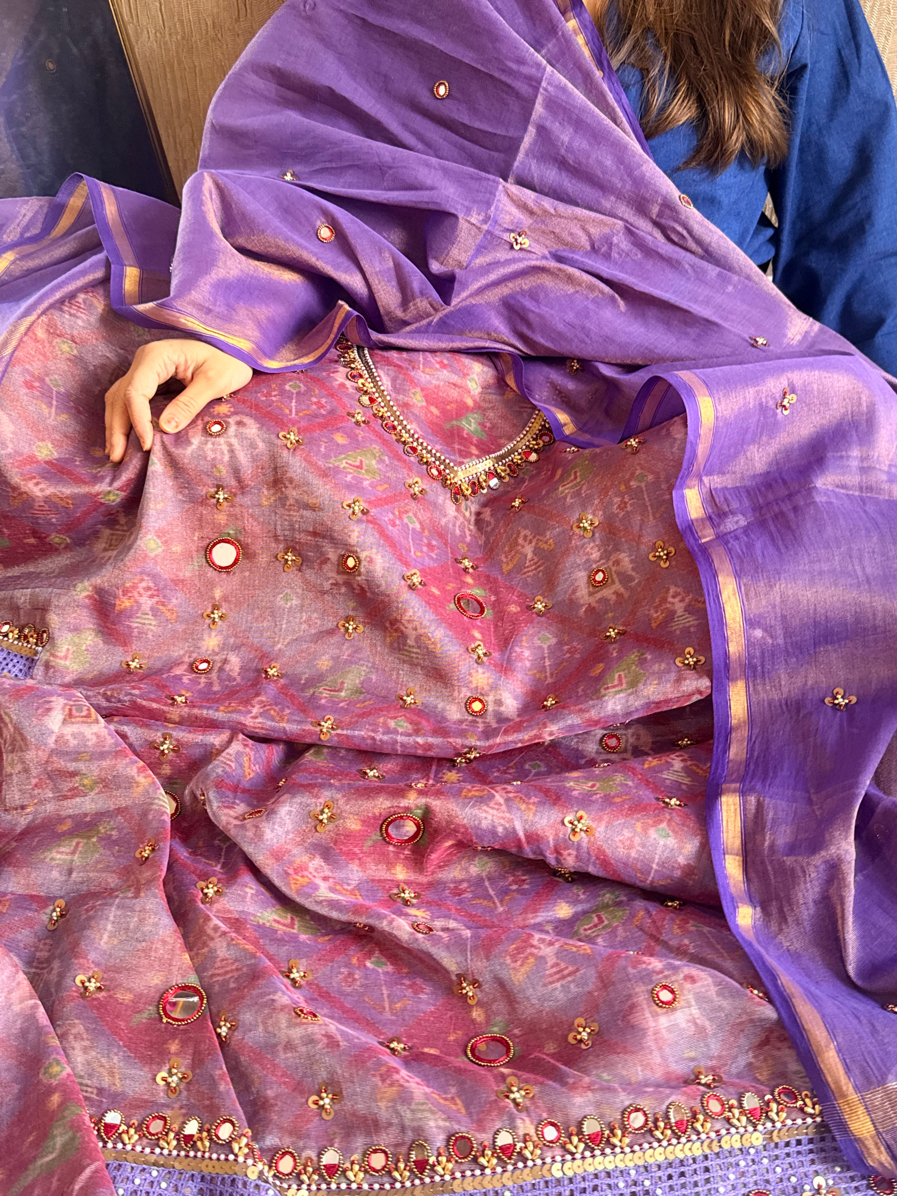 Patola weaving hand embroidered mul cotton tissue suit sets
