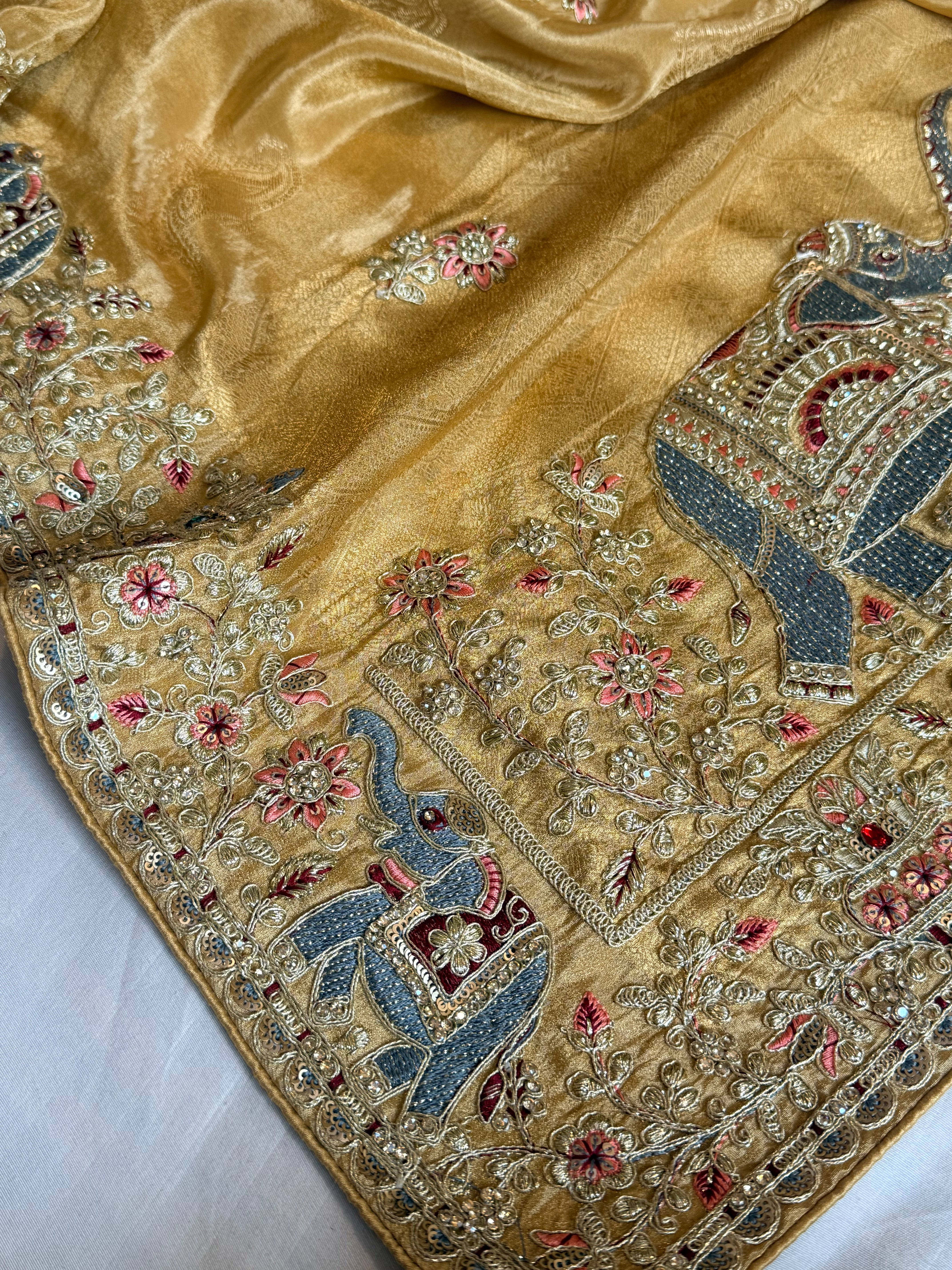 Butter gold hathi wali crepe tissue silk embroidered saree