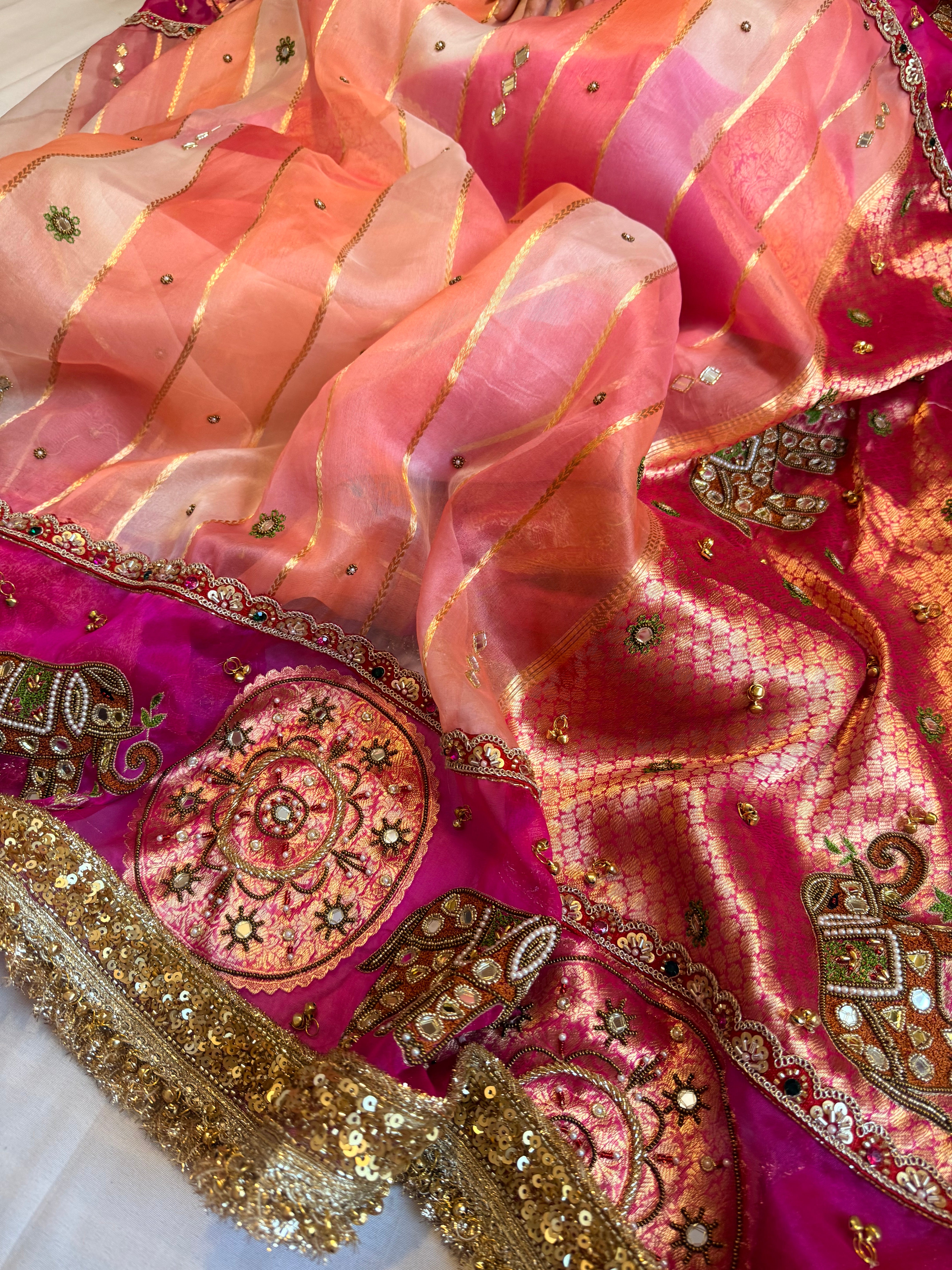 Navratan edit - Gola buti and hathi work hand embroidered kora silk saree