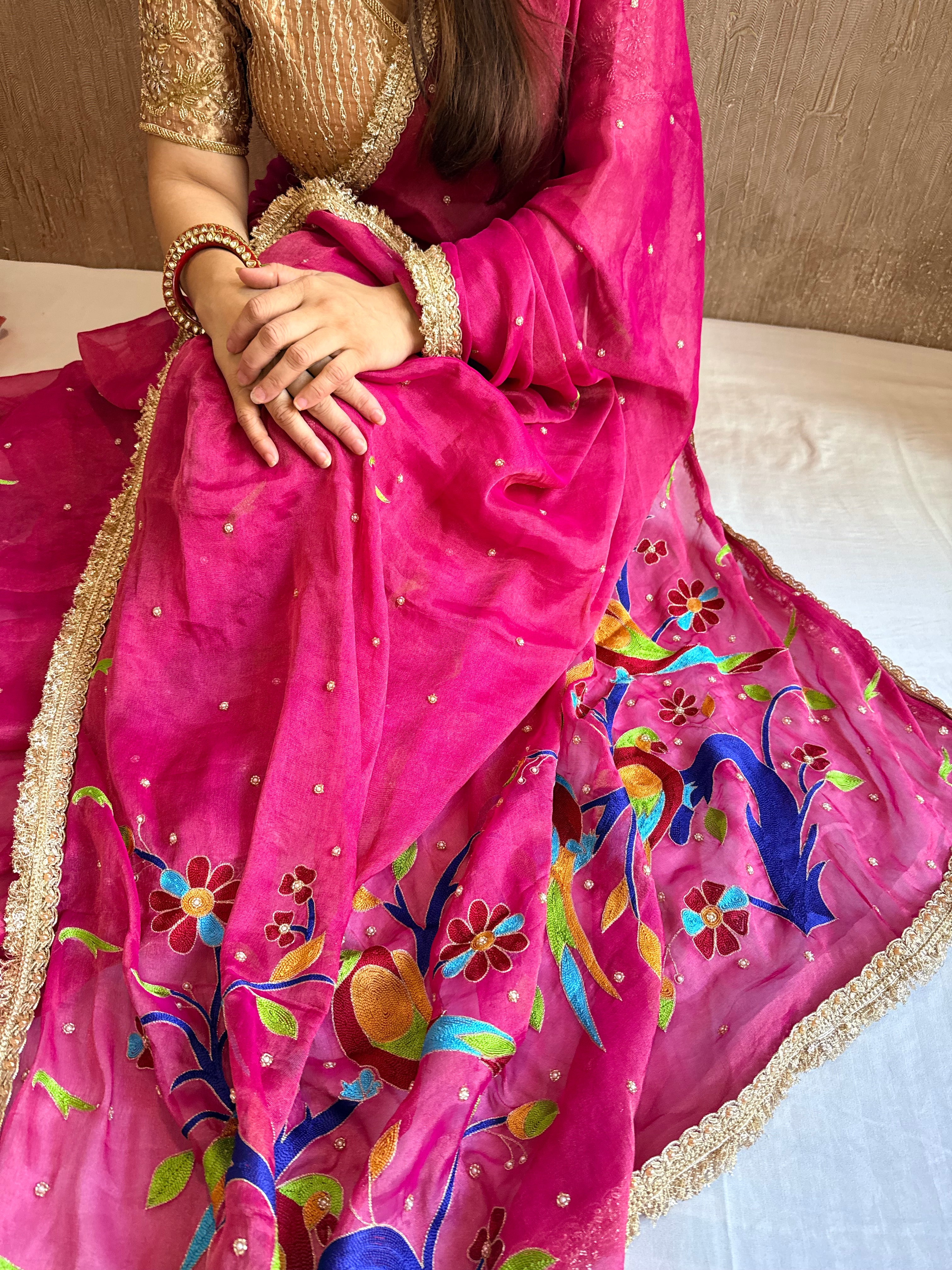 Strawberry pink tissue gorgette paithani meenakari hand embroidered saree